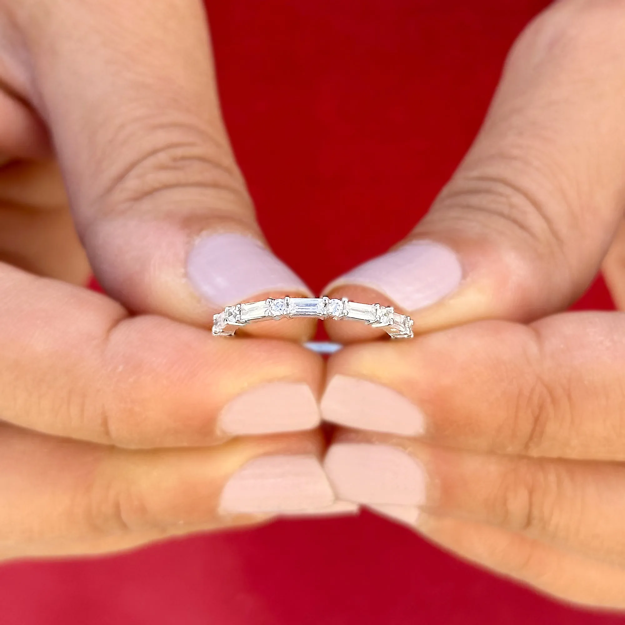 Round And Baguettes Cut CVD Diamond Band Minimalist Stackable Band Set In 14k Solid White Gold Anniversary Bridal Band Gift For Her 0.40cw