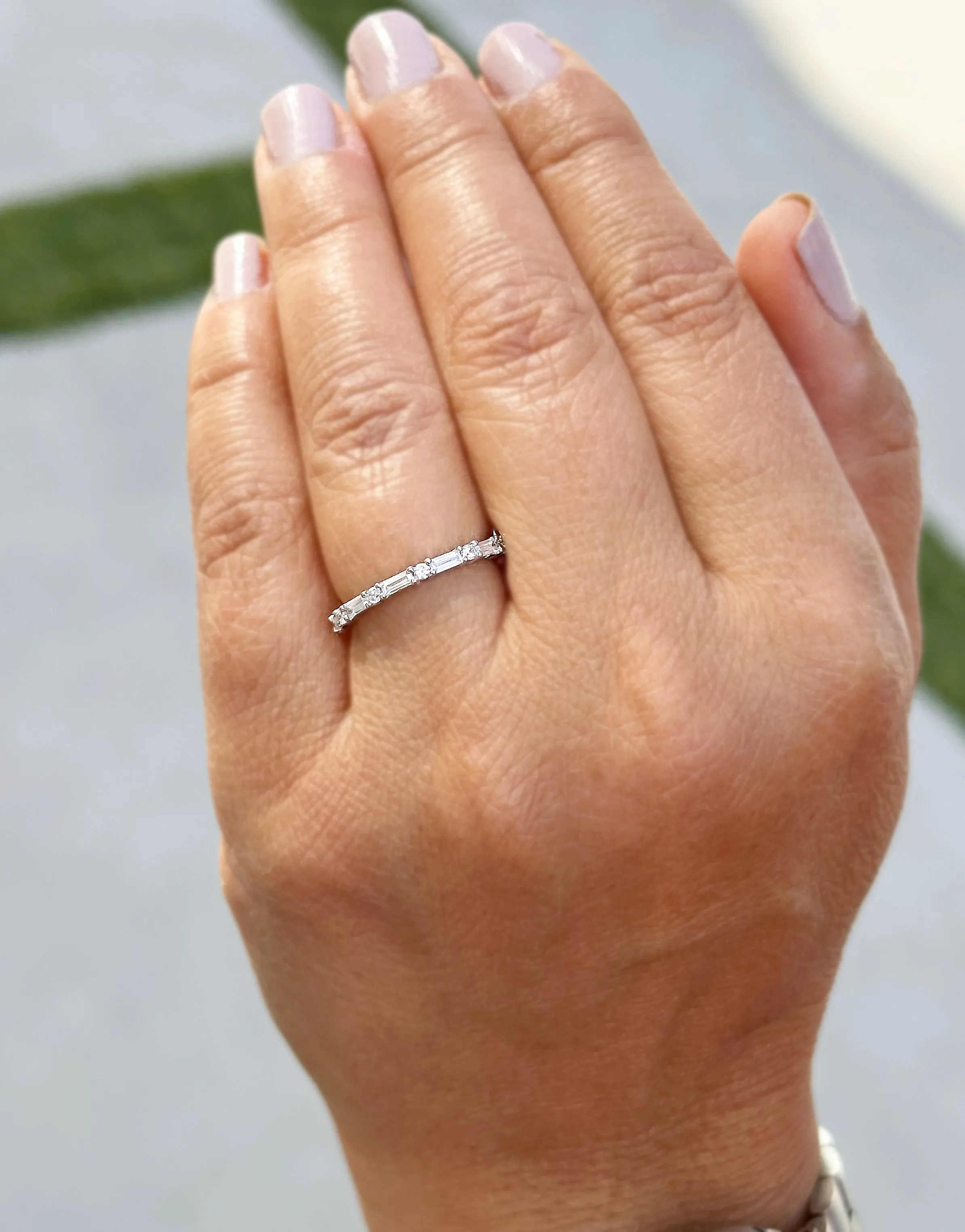 Round And Baguettes Cut CVD Diamond Band Minimalist Stackable Band Set In 14k Solid White Gold Anniversary Bridal Band Gift For Her 0.40cw