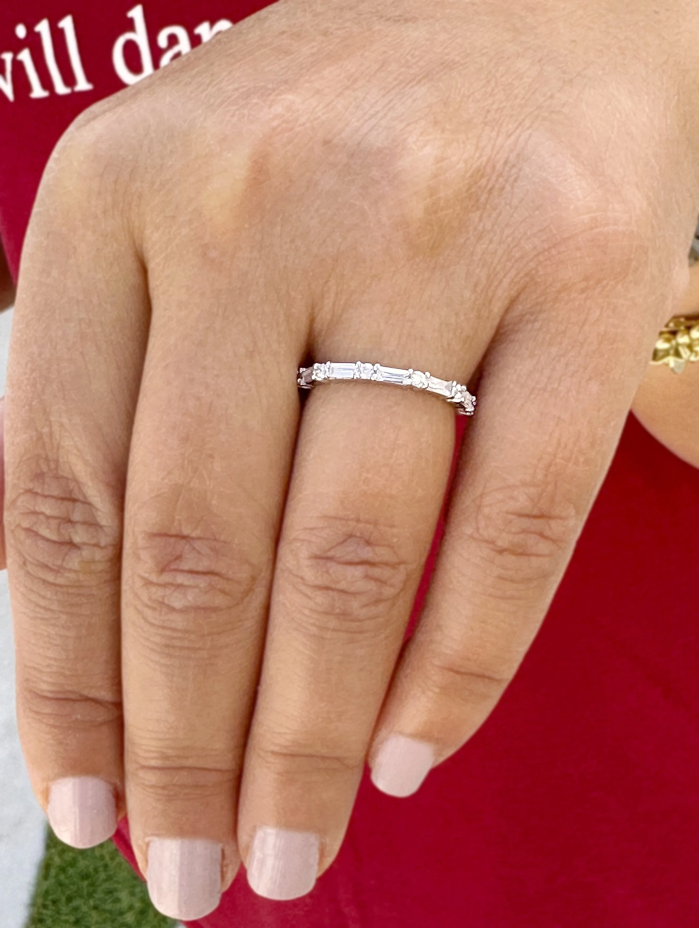 Round And Baguettes Cut CVD Diamond Band Minimalist Stackable Band Set In 14k Solid White Gold Anniversary Bridal Band Gift For Her 0.40cw