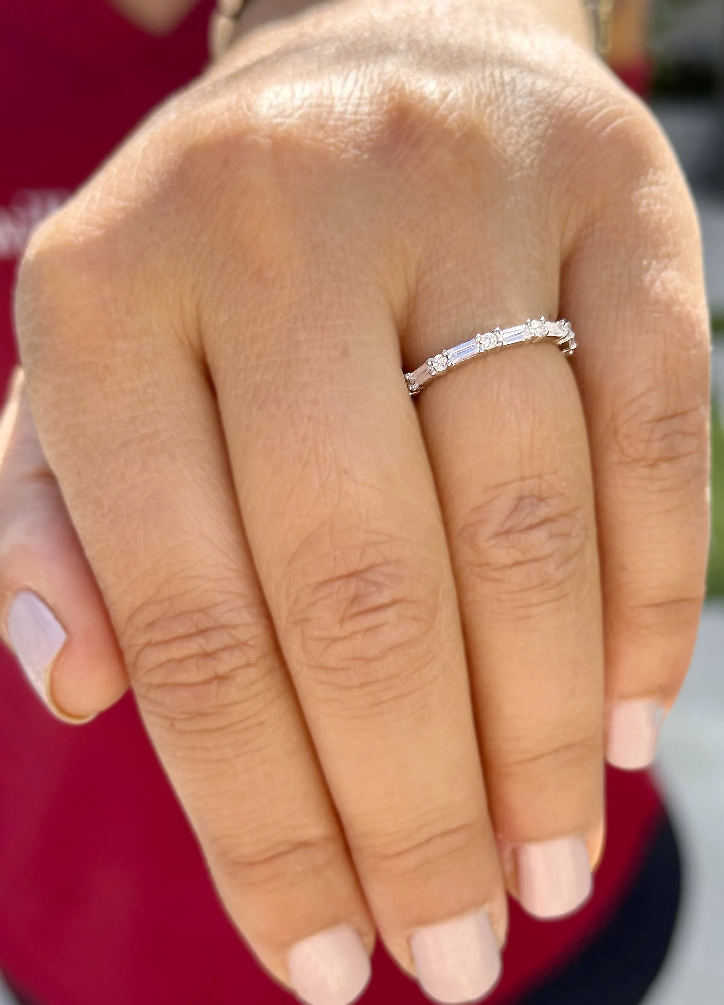 Round And Baguettes Cut CVD Diamond Band Minimalist Stackable Band Set In 14k Solid White Gold Anniversary Bridal Band Gift For Her 0.40cw