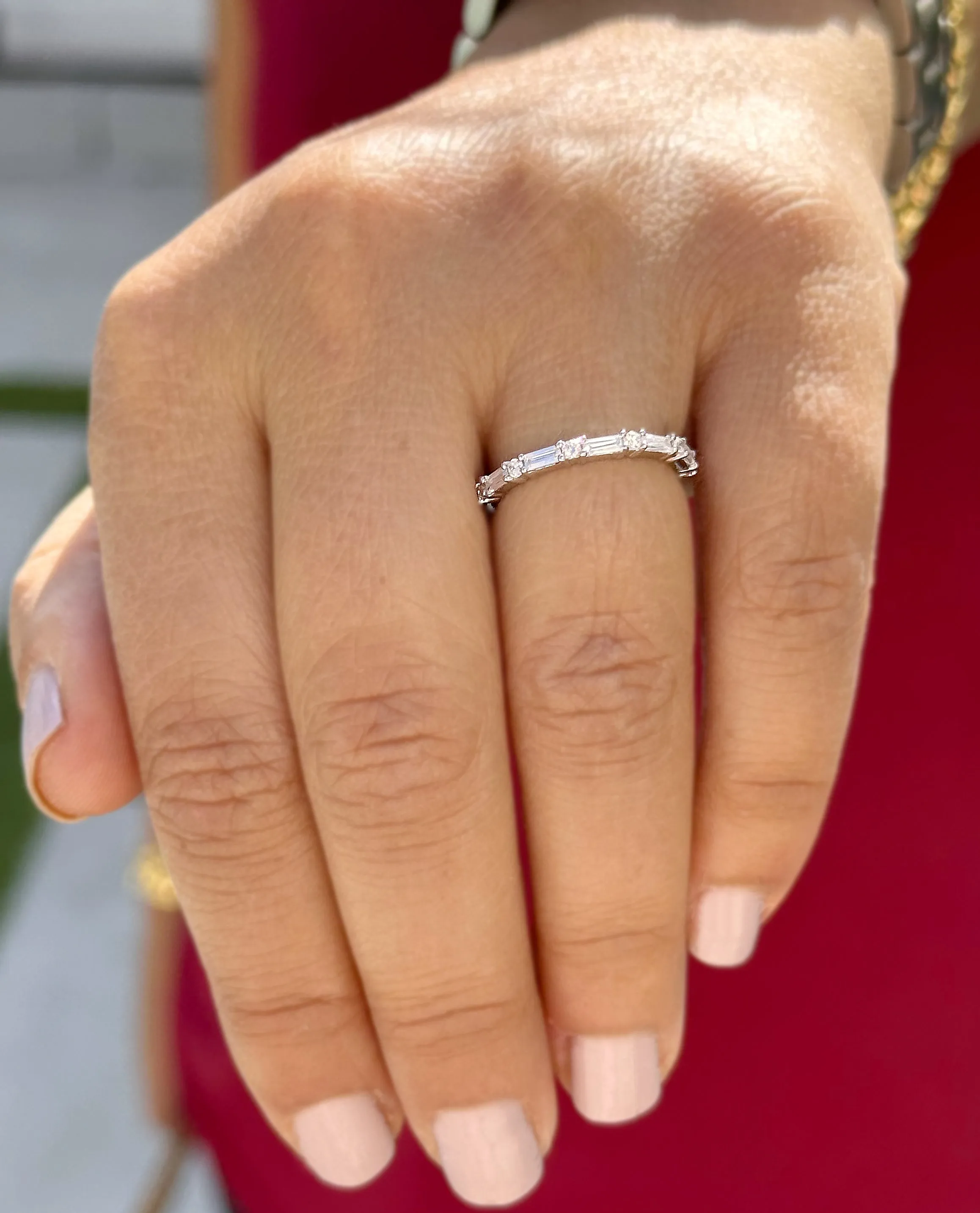 Round And Baguettes Cut CVD Diamond Band Minimalist Stackable Band Set In 14k Solid White Gold Anniversary Bridal Band Gift For Her 0.40cw