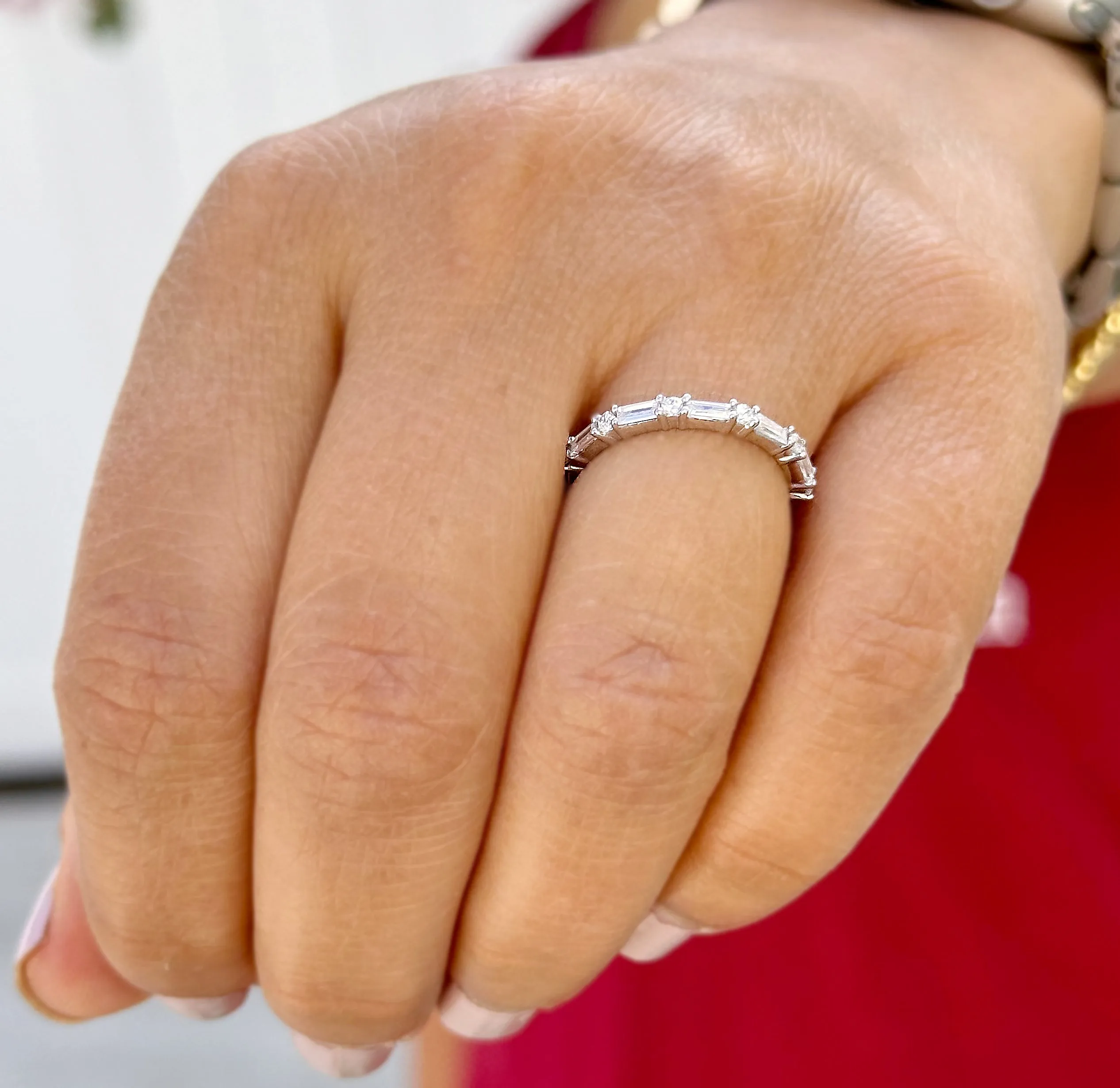Round And Baguettes Cut CVD Diamond Band Minimalist Stackable Band Set In 14k Solid White Gold Anniversary Bridal Band Gift For Her 0.40cw