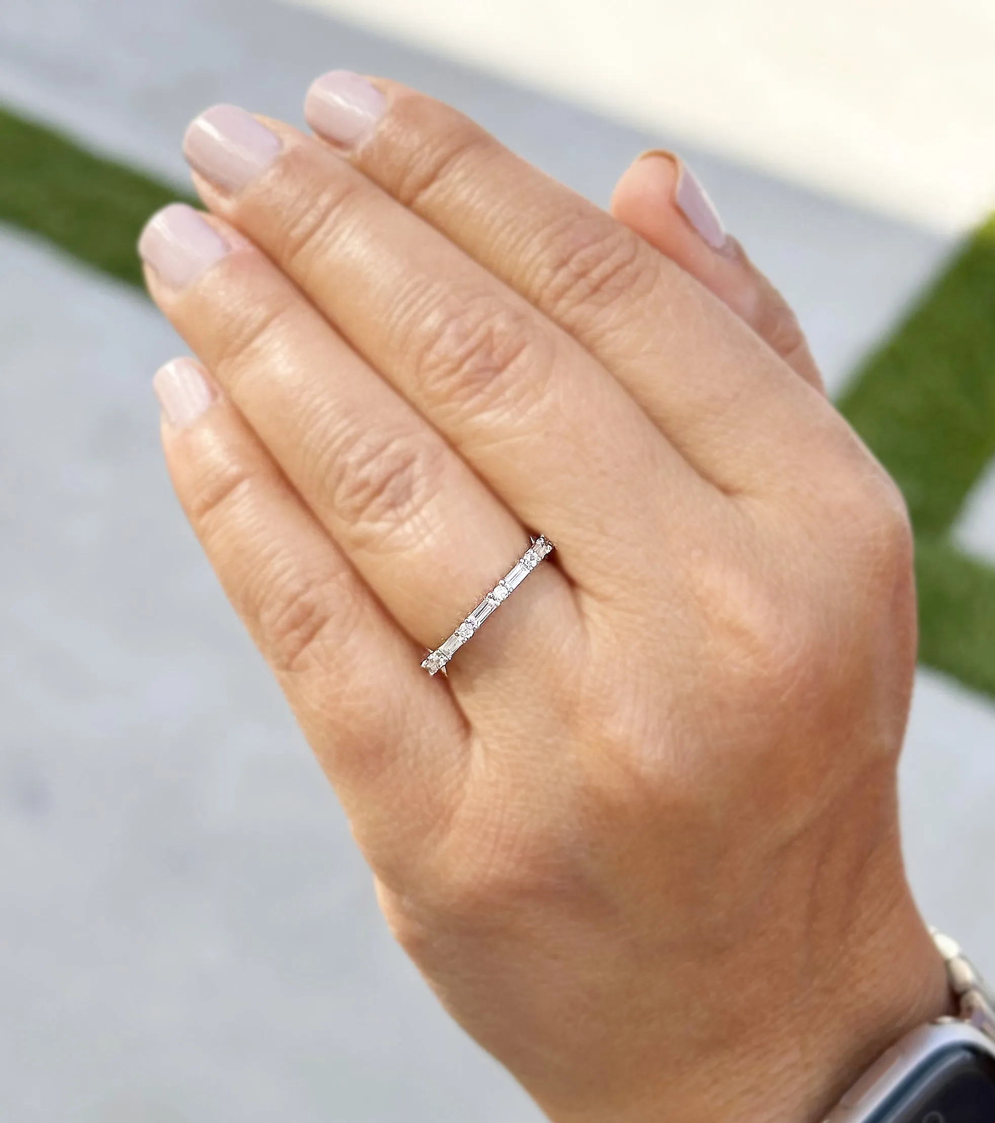 Round And Baguettes Cut CVD Diamond Band Minimalist Stackable Band Set In 14k Solid White Gold Anniversary Bridal Band Gift For Her 0.40cw