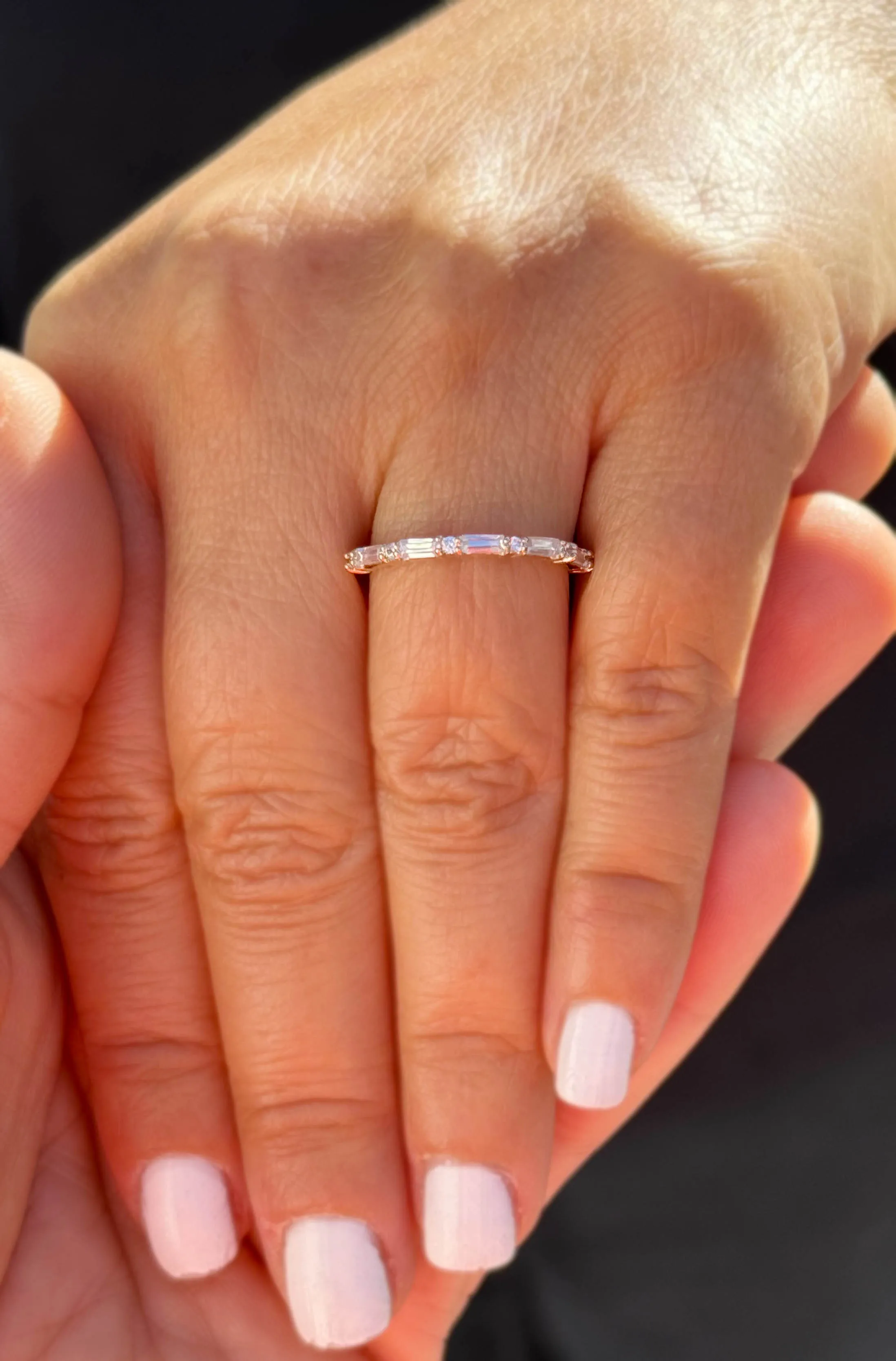 Round And Baguettes Cut CVD Diamond Band Minimalist Stackable Band Set In 14k Solid Yellow Gold Anniversary Bridal Band Gift For Her 0.40cw