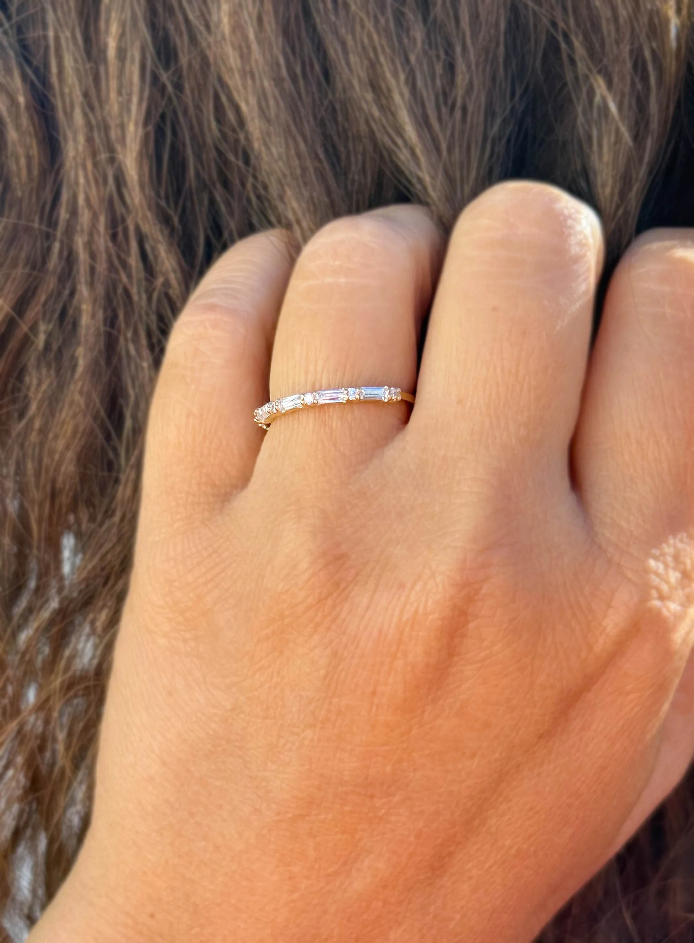 Round And Baguettes Cut CVD Diamond Band Minimalist Stackable Band Set In 14k Solid Yellow Gold Anniversary Bridal Band Gift For Her 0.40cw