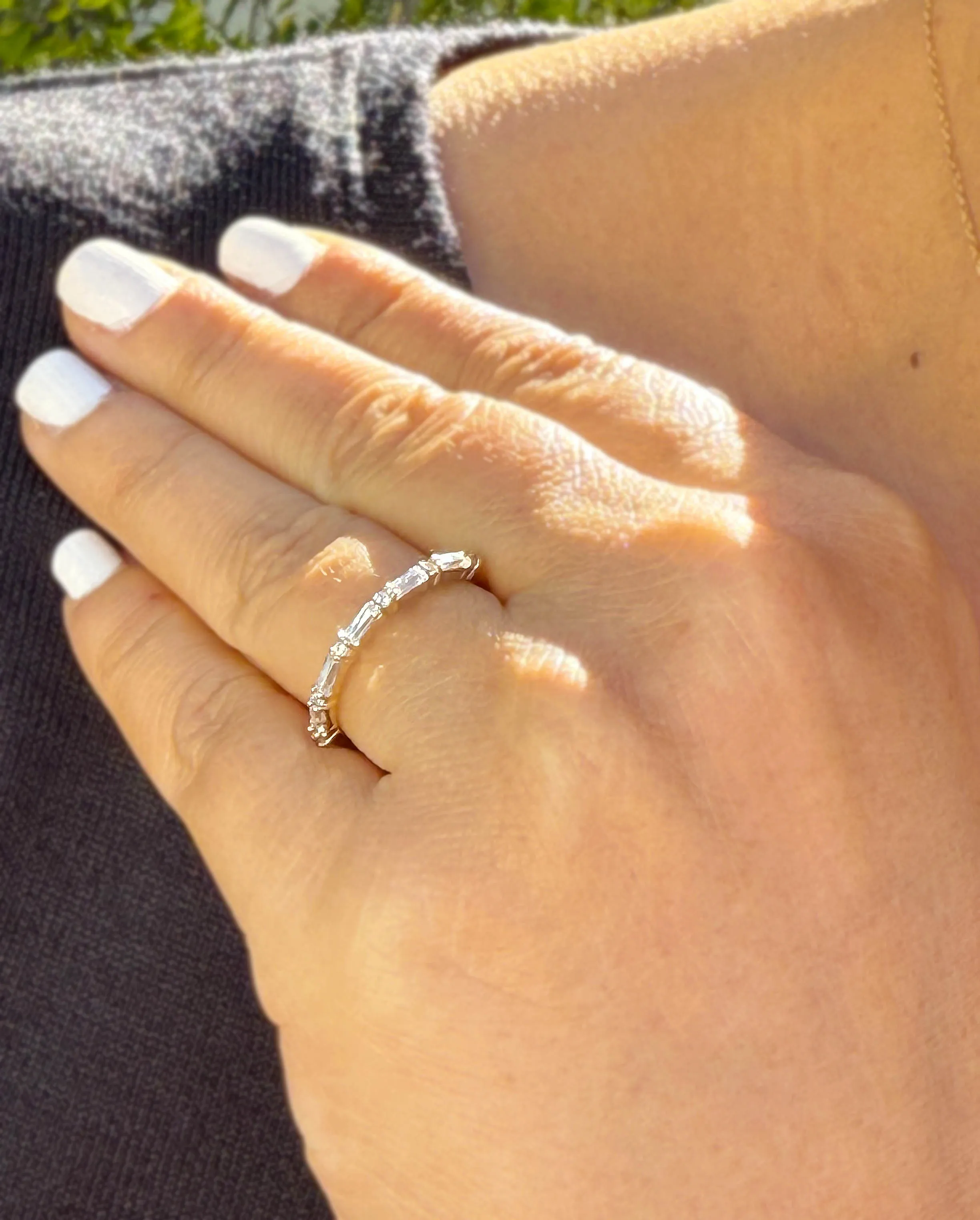 Round And Baguettes Cut CVD Diamond Band Minimalist Stackable Band Set In 14k Solid Yellow Gold Anniversary Bridal Band Gift For Her 0.40cw