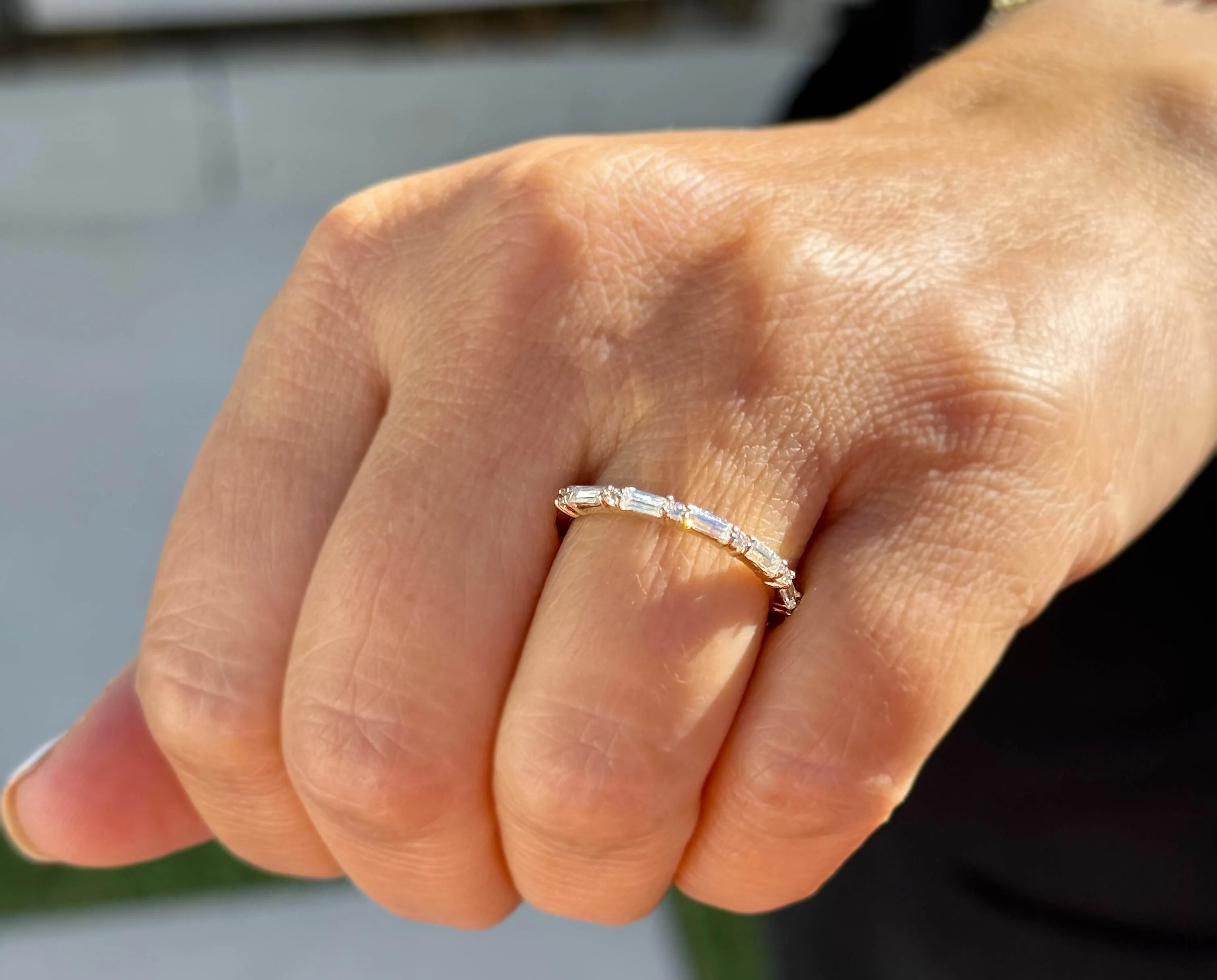 Round And Baguettes Cut CVD Diamond Band Minimalist Stackable Band Set In 14k Solid Yellow Gold Anniversary Bridal Band Gift For Her 0.40cw