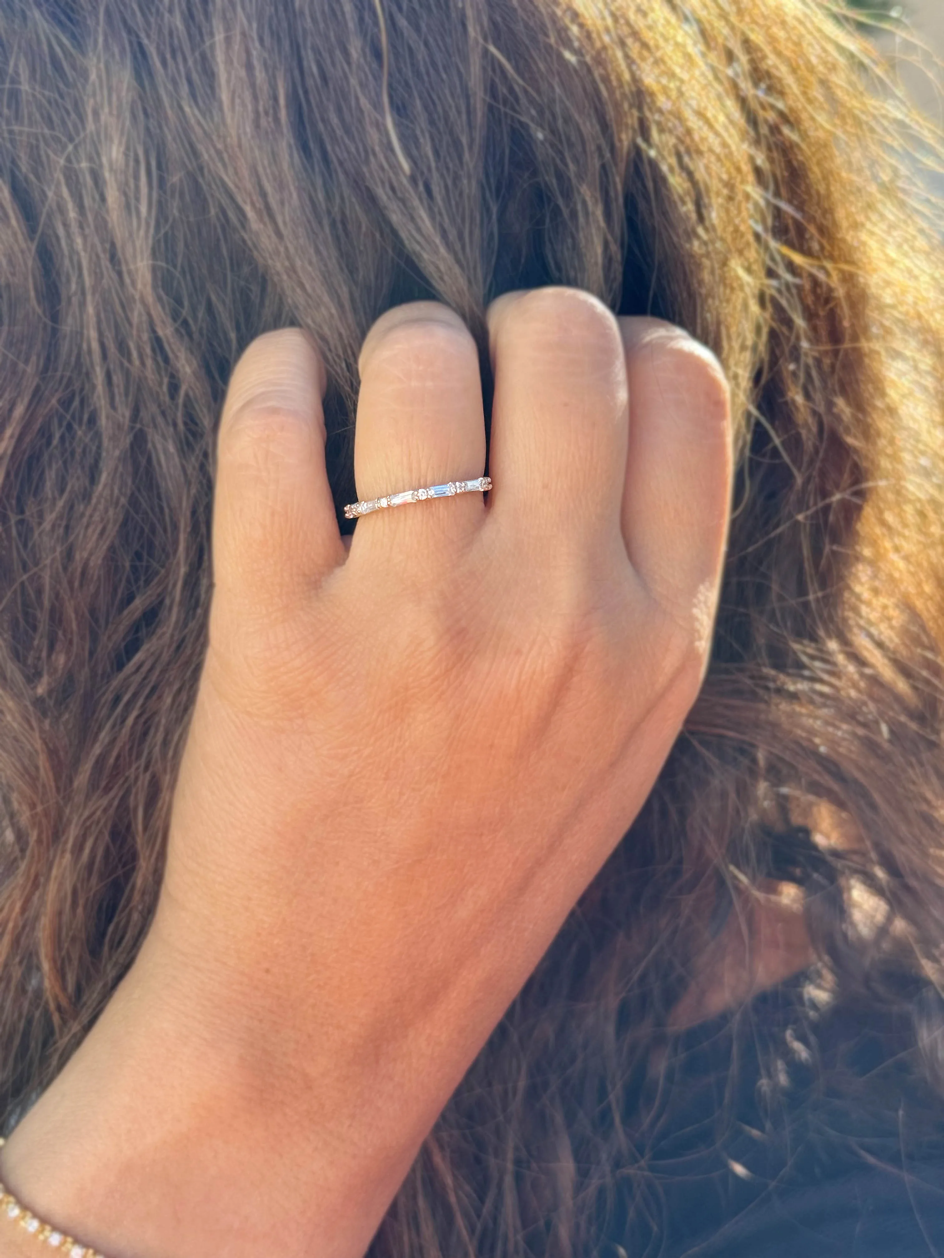 Round And Baguettes Cut CVD Diamond Band Minimalist Stackable Band Set In 14k Solid Yellow Gold Anniversary Bridal Band Gift For Her 0.40cw