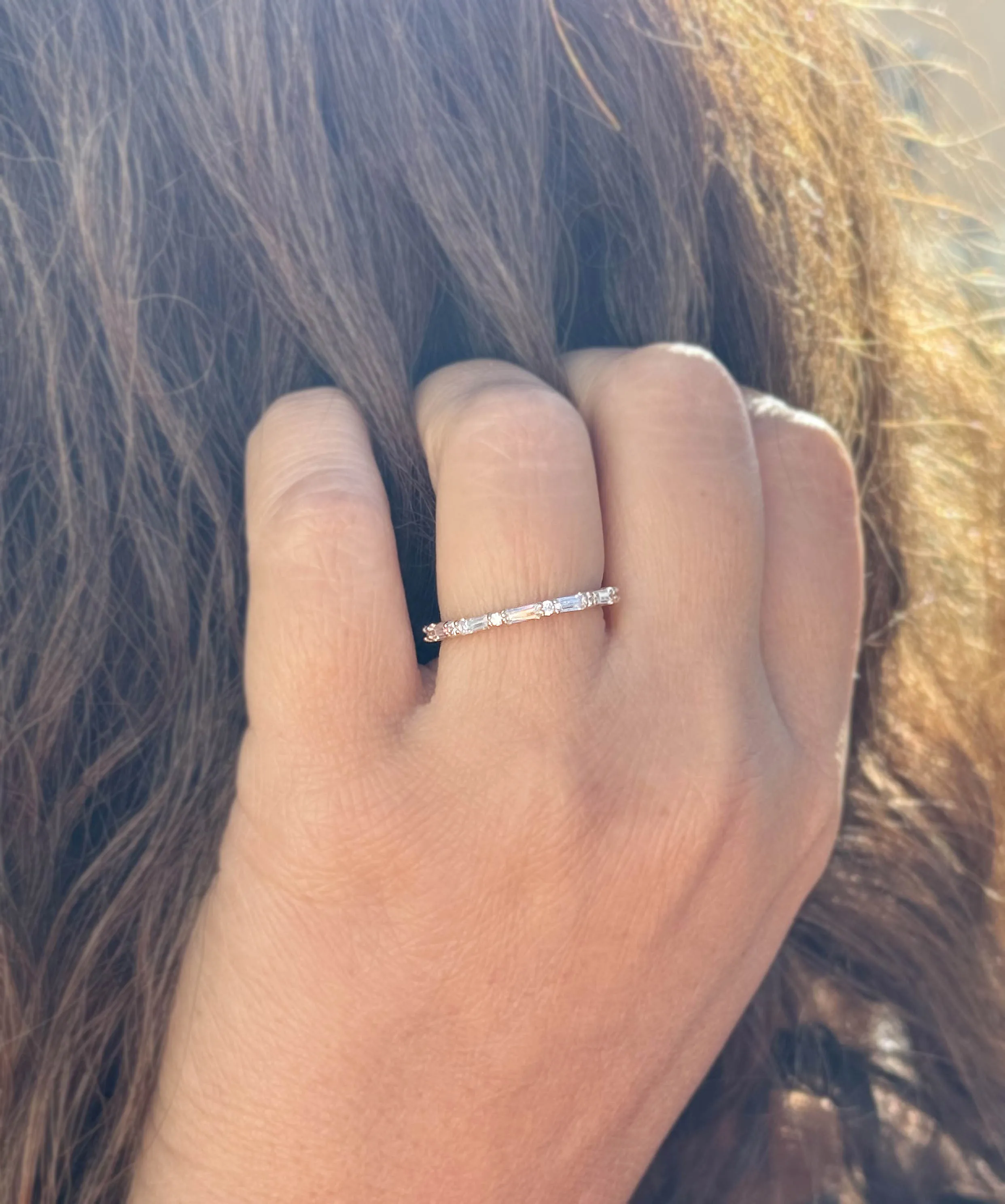 Round And Baguettes Cut CVD Diamond Band Minimalist Stackable Band Set In 14k Solid Yellow Gold Anniversary Bridal Band Gift For Her 0.40cw