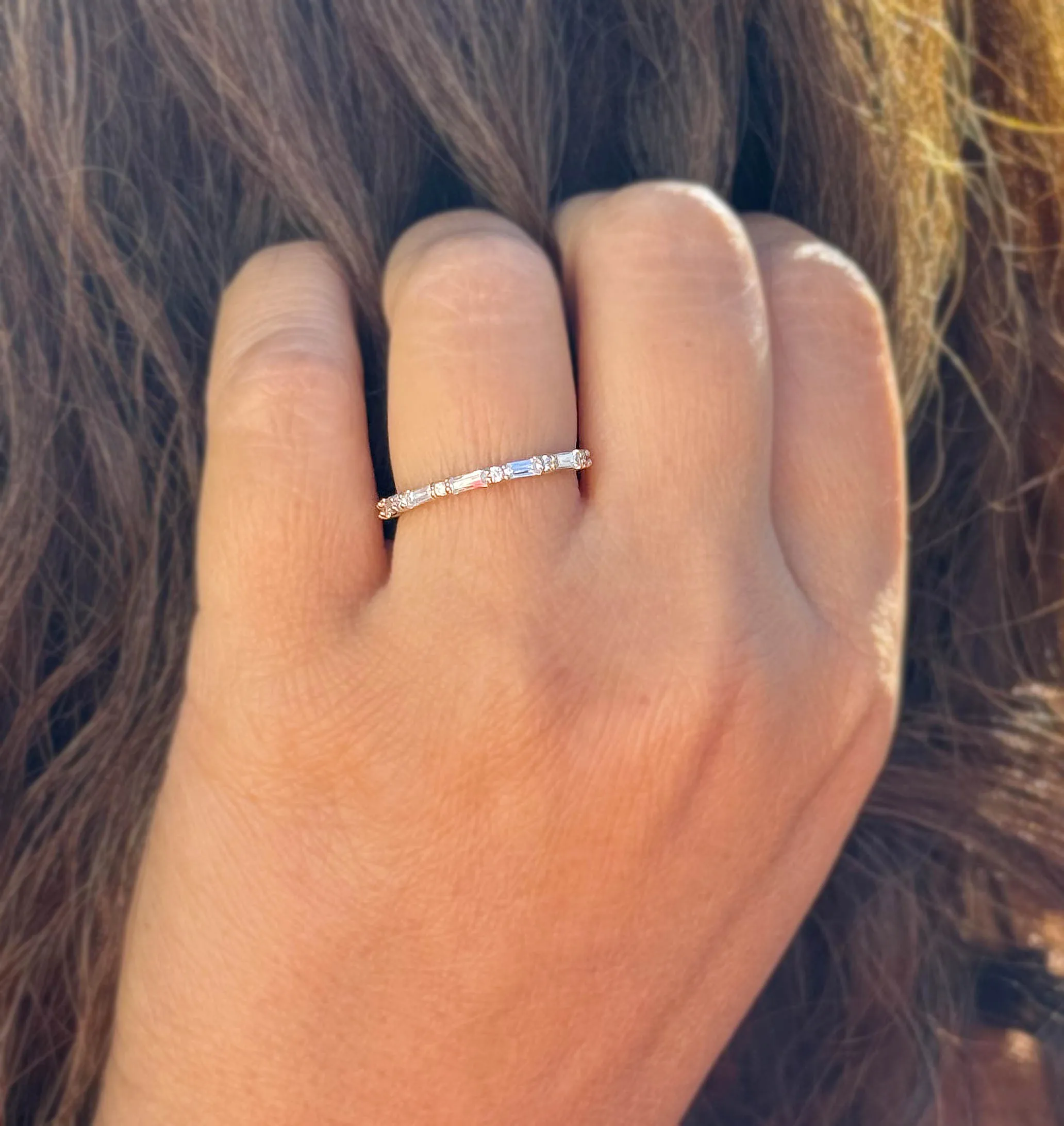 Round And Baguettes Cut CVD Diamond Band Minimalist Stackable Band Set In 14k Solid Yellow Gold Anniversary Bridal Band Gift For Her 0.40cw