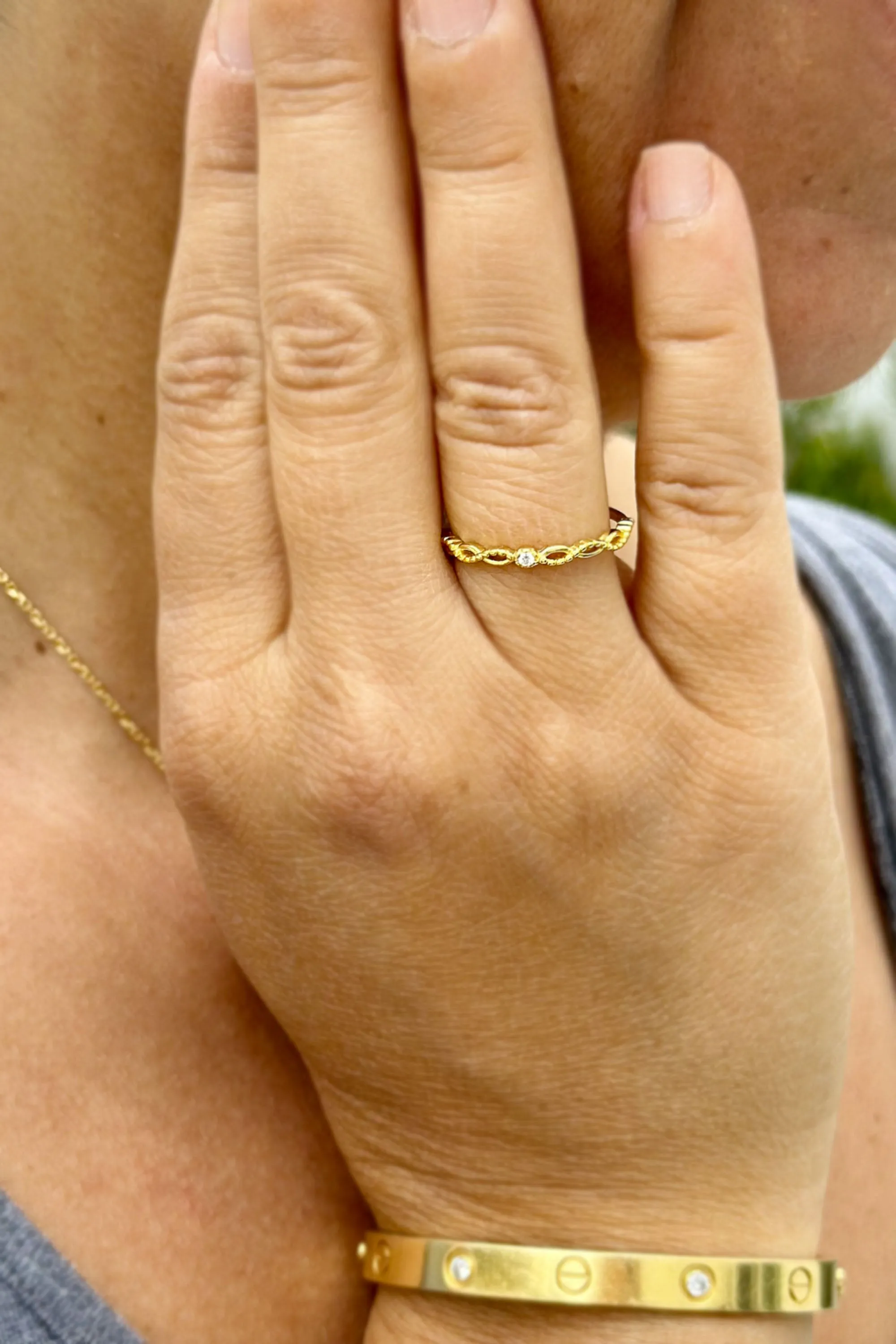 Round Cut Natural Diamond Band Minimalist Braided Style Stackable Band 14k Solid Yellow Gold Anniversary Bridal Solitaire Band Gift 0.05