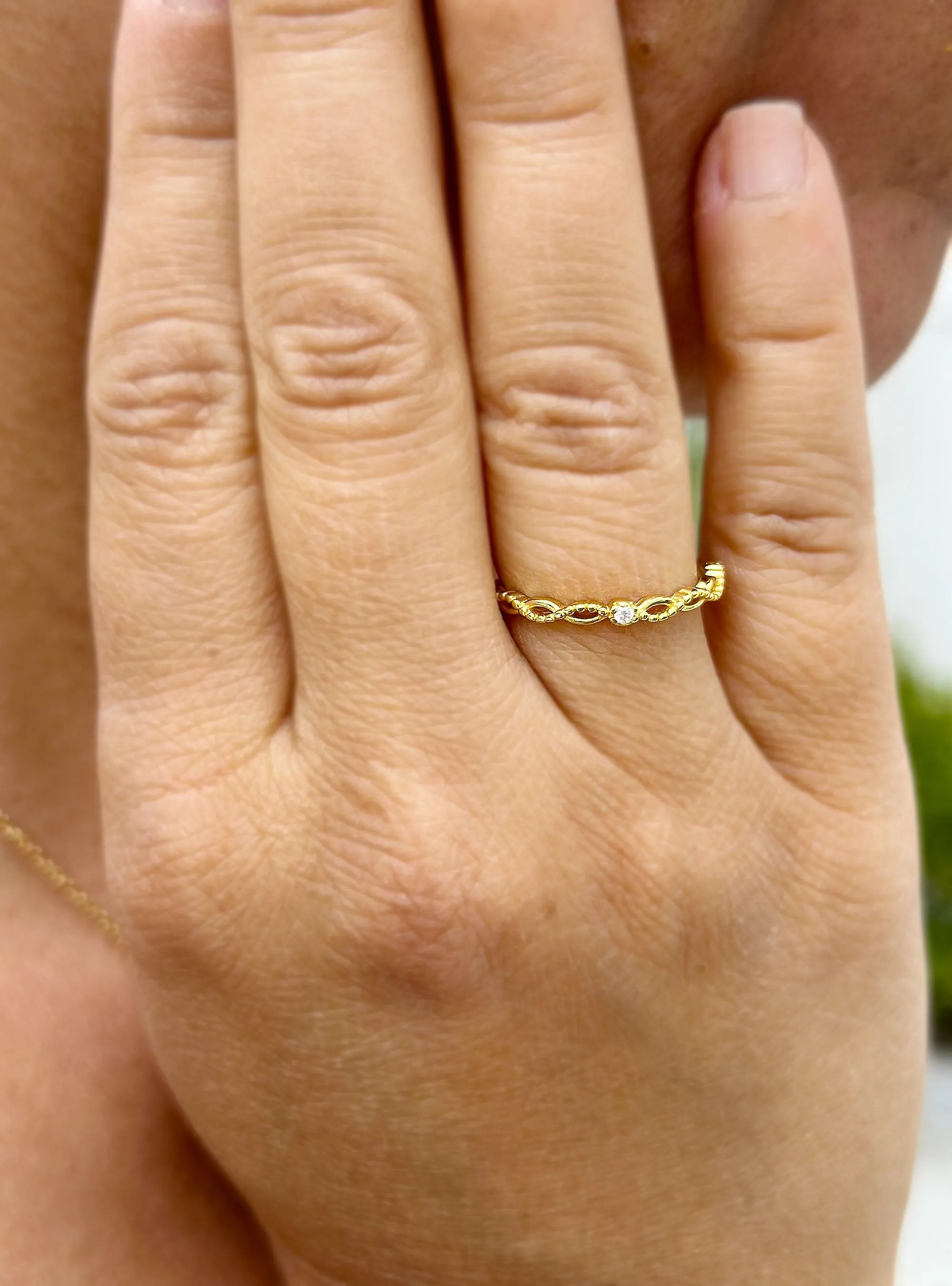 Round Cut Natural Diamond Band Minimalist Braided Style Stackable Band 14k Solid Yellow Gold Anniversary Bridal Solitaire Band Gift 0.05