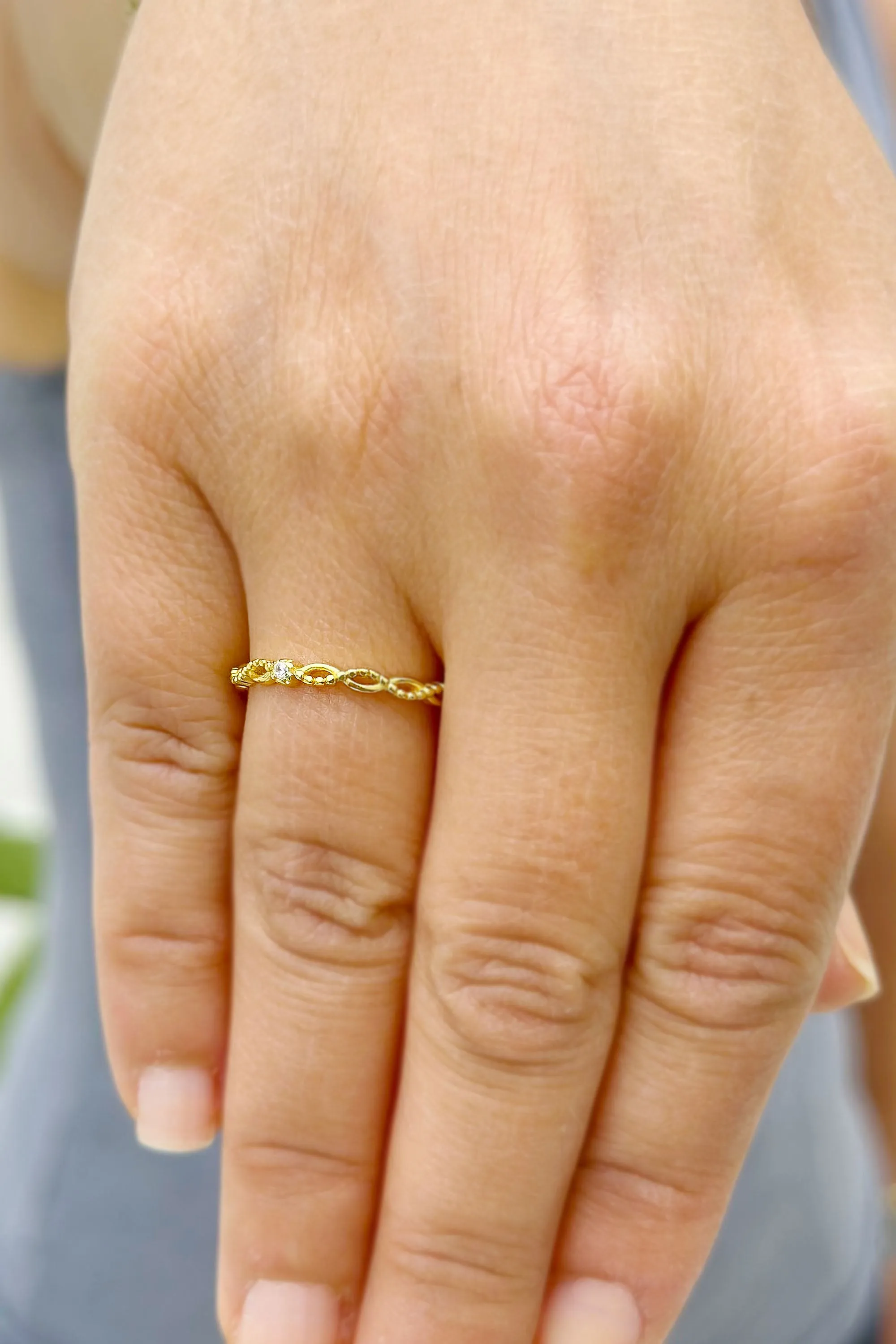 Round Cut Natural Diamond Band Minimalist Braided Style Stackable Band 14k Solid Yellow Gold Anniversary Bridal Solitaire Band Gift 0.05