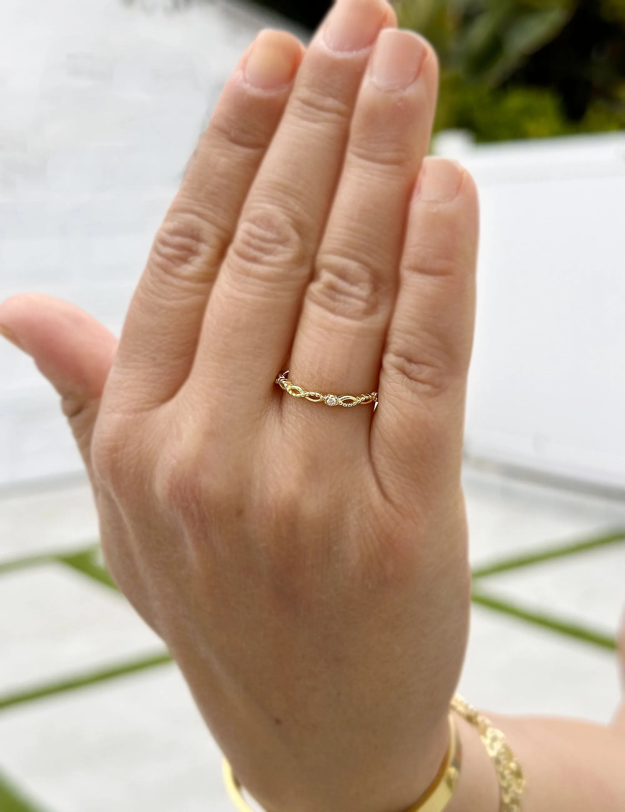 Round Cut Natural Diamond Band Minimalist Braided Style Stackable Band 14k Solid Yellow Gold Anniversary Bridal Solitaire Band Gift 0.05