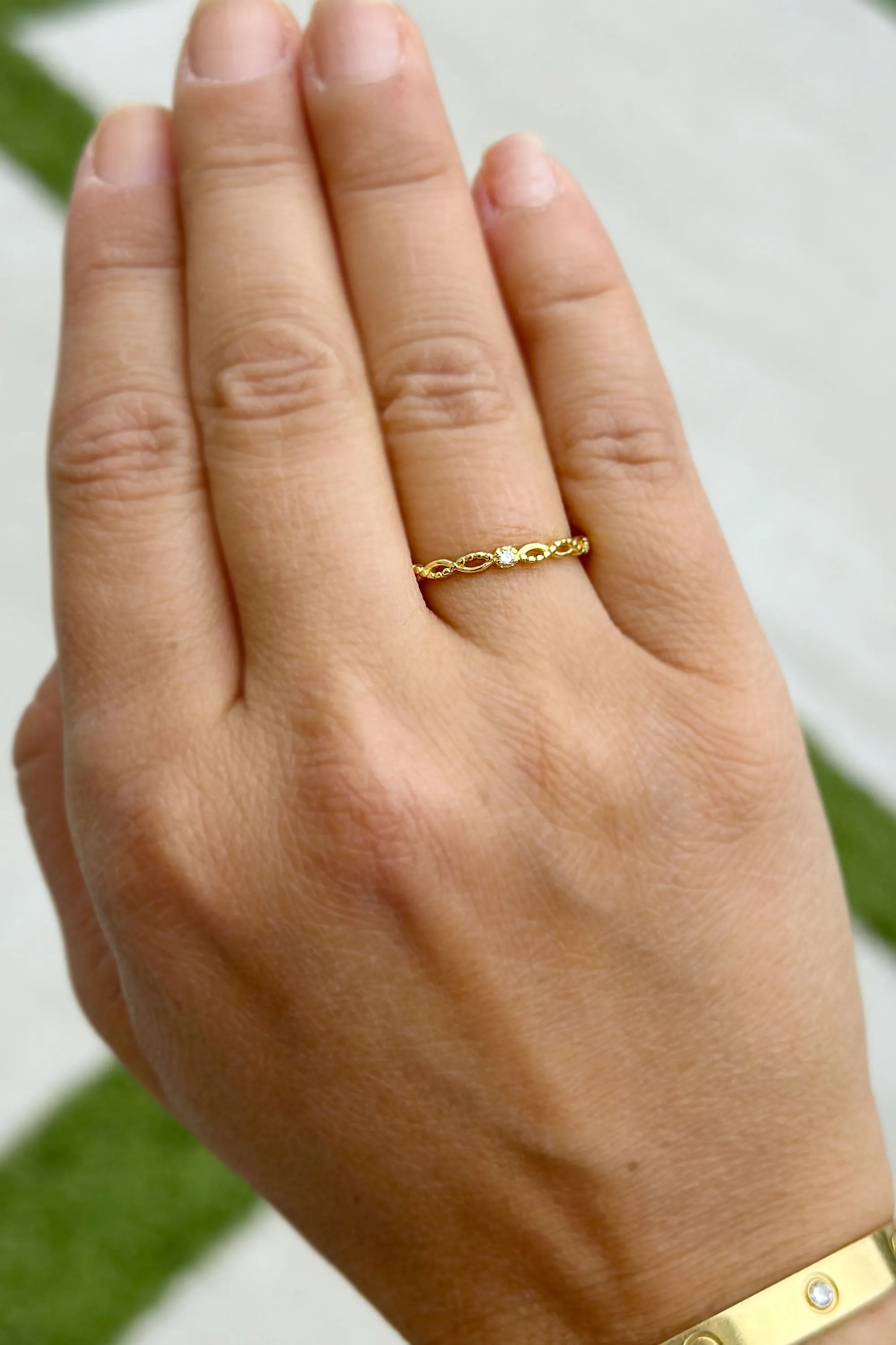 Round Cut Natural Diamond Band Minimalist Braided Style Stackable Band 14k Solid Yellow Gold Anniversary Bridal Solitaire Band Gift 0.05
