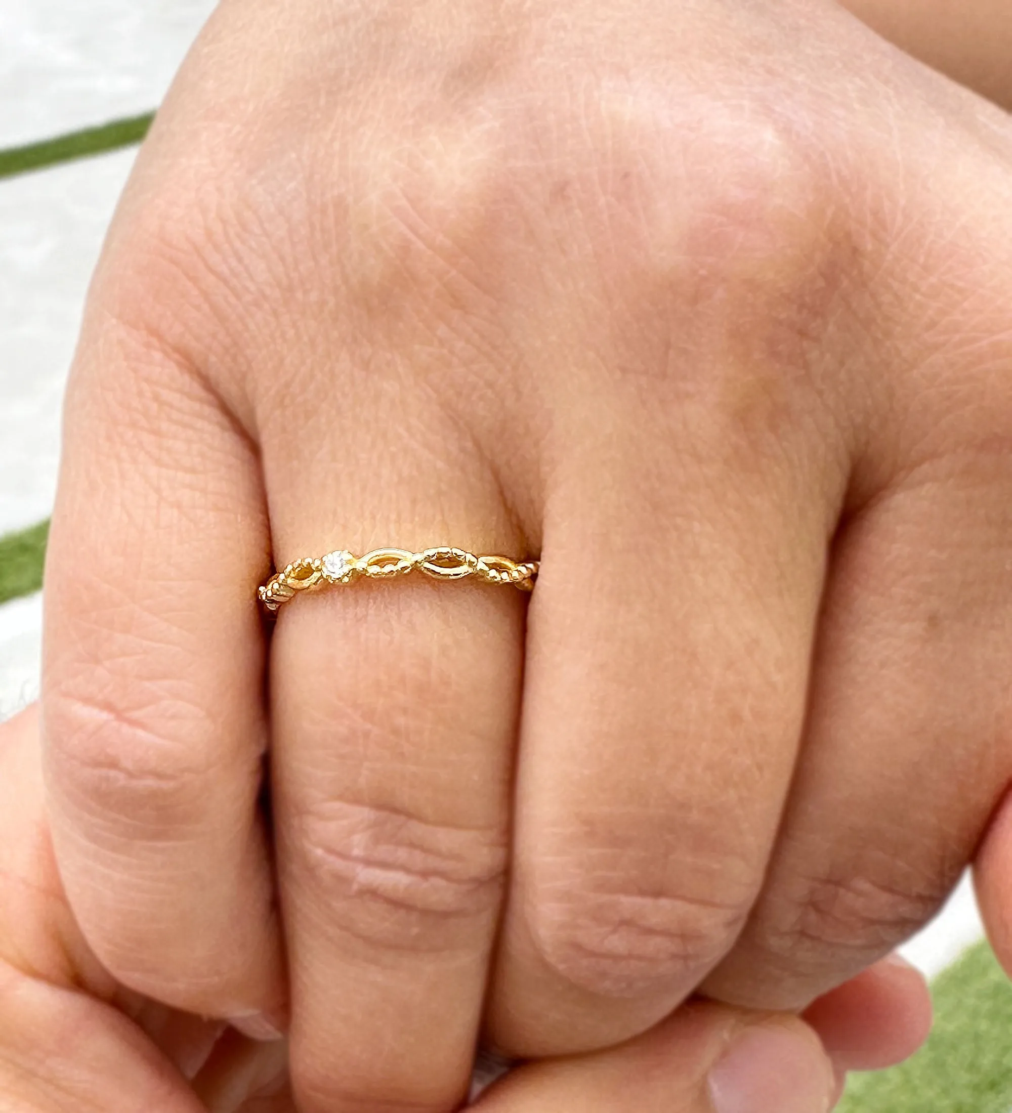 Round Cut Natural Diamond Band Minimalist Braided Style Stackable Band 14k Solid Yellow Gold Anniversary Bridal Solitaire Band Gift 0.05