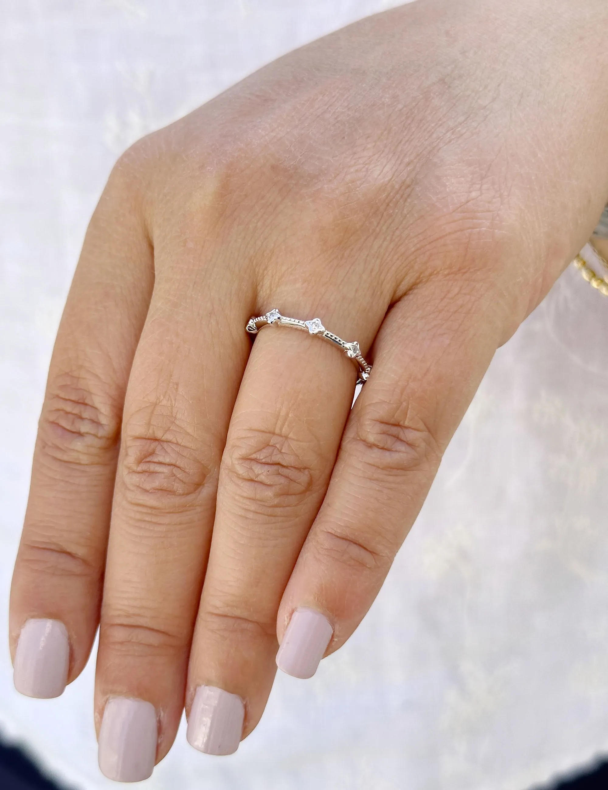 Round Cut Natural Diamond Band Minimalist Braided Style Stackable Band In 14k Solid White Gold Anniversary Bridal Band Gift For Her 0.05cw