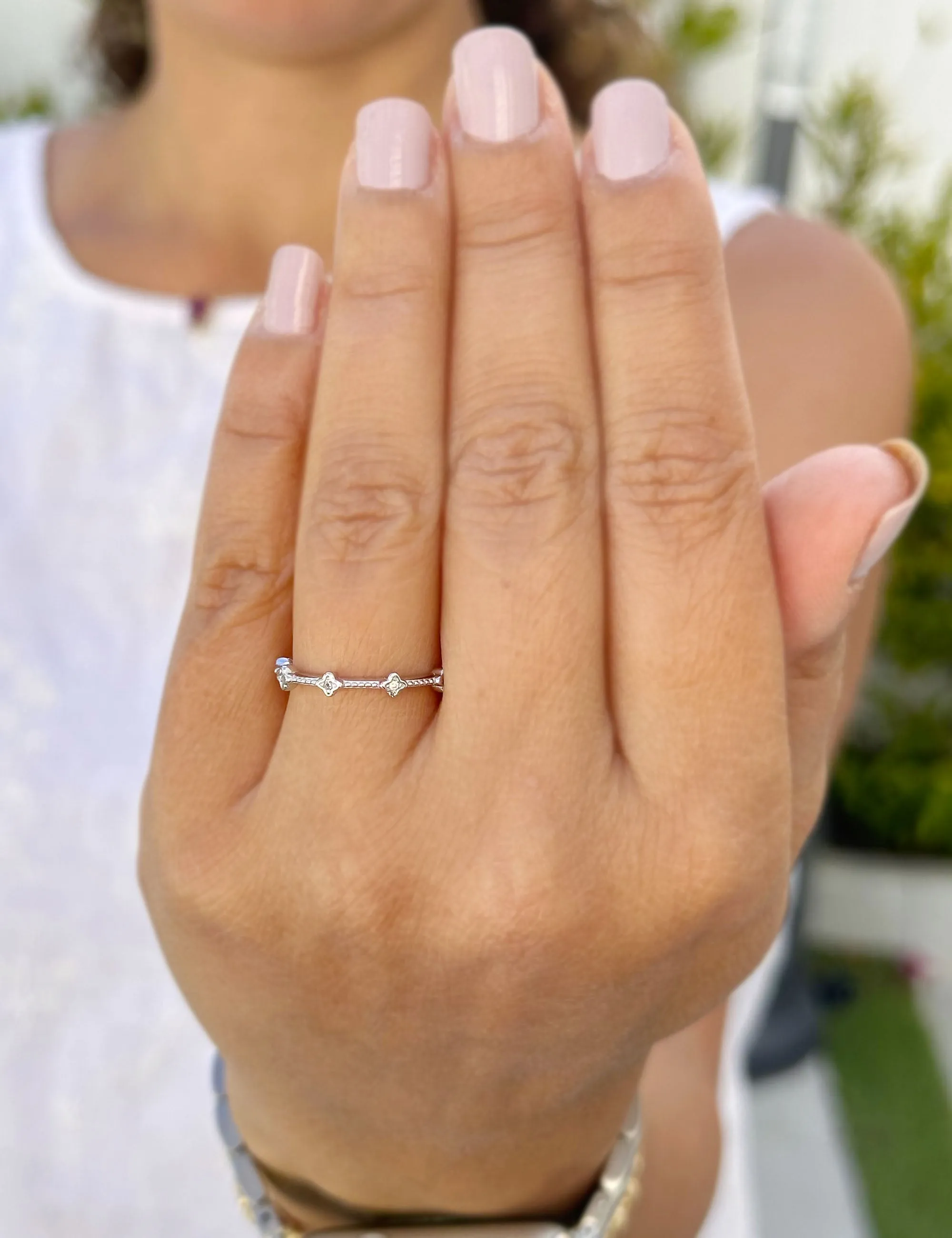 Round Cut Natural Diamond Band Minimalist Braided Style Stackable Band In 14k Solid White Gold Anniversary Bridal Band Gift For Her 0.05cw