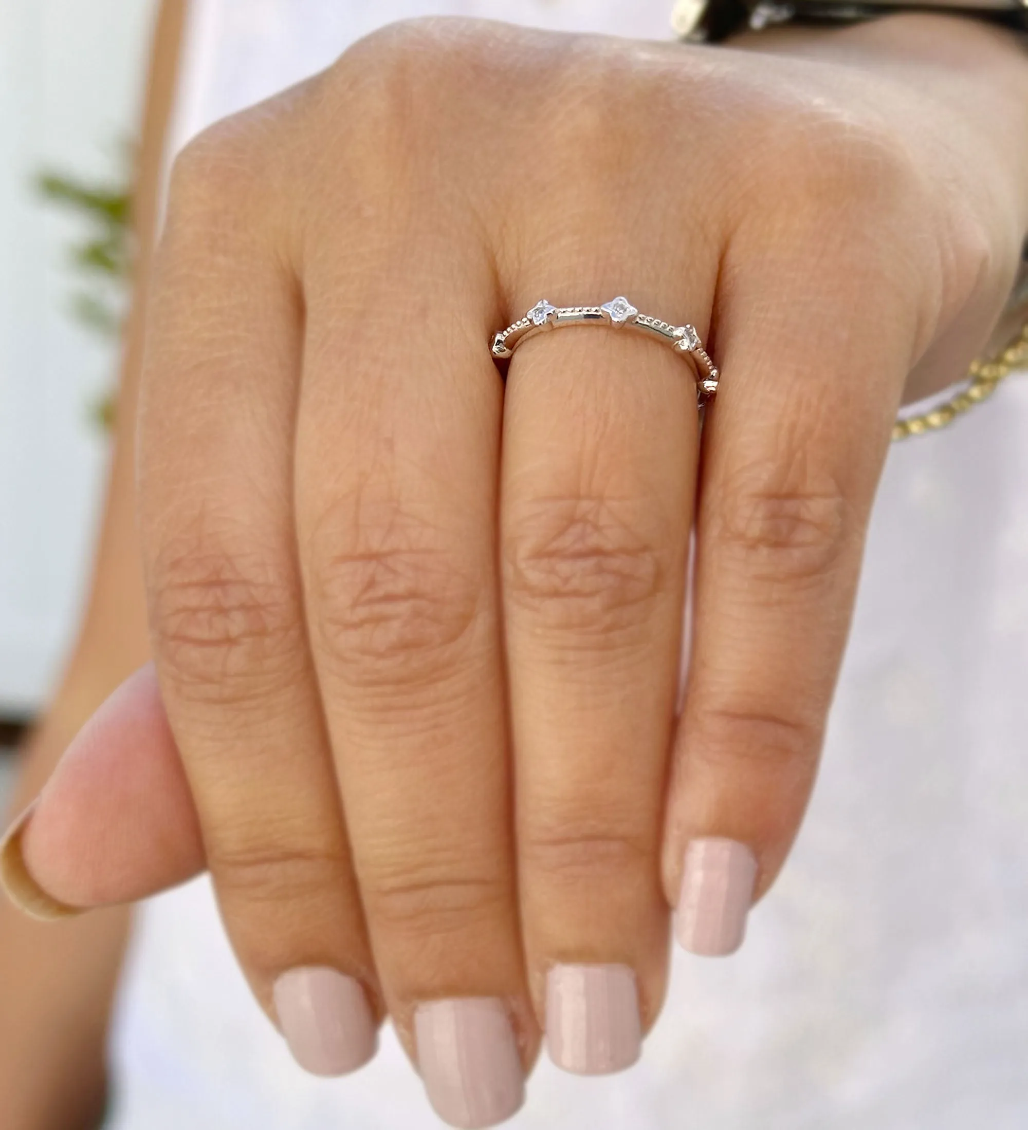 Round Cut Natural Diamond Band Minimalist Braided Style Stackable Band In 14k Solid White Gold Anniversary Bridal Band Gift For Her 0.05cw
