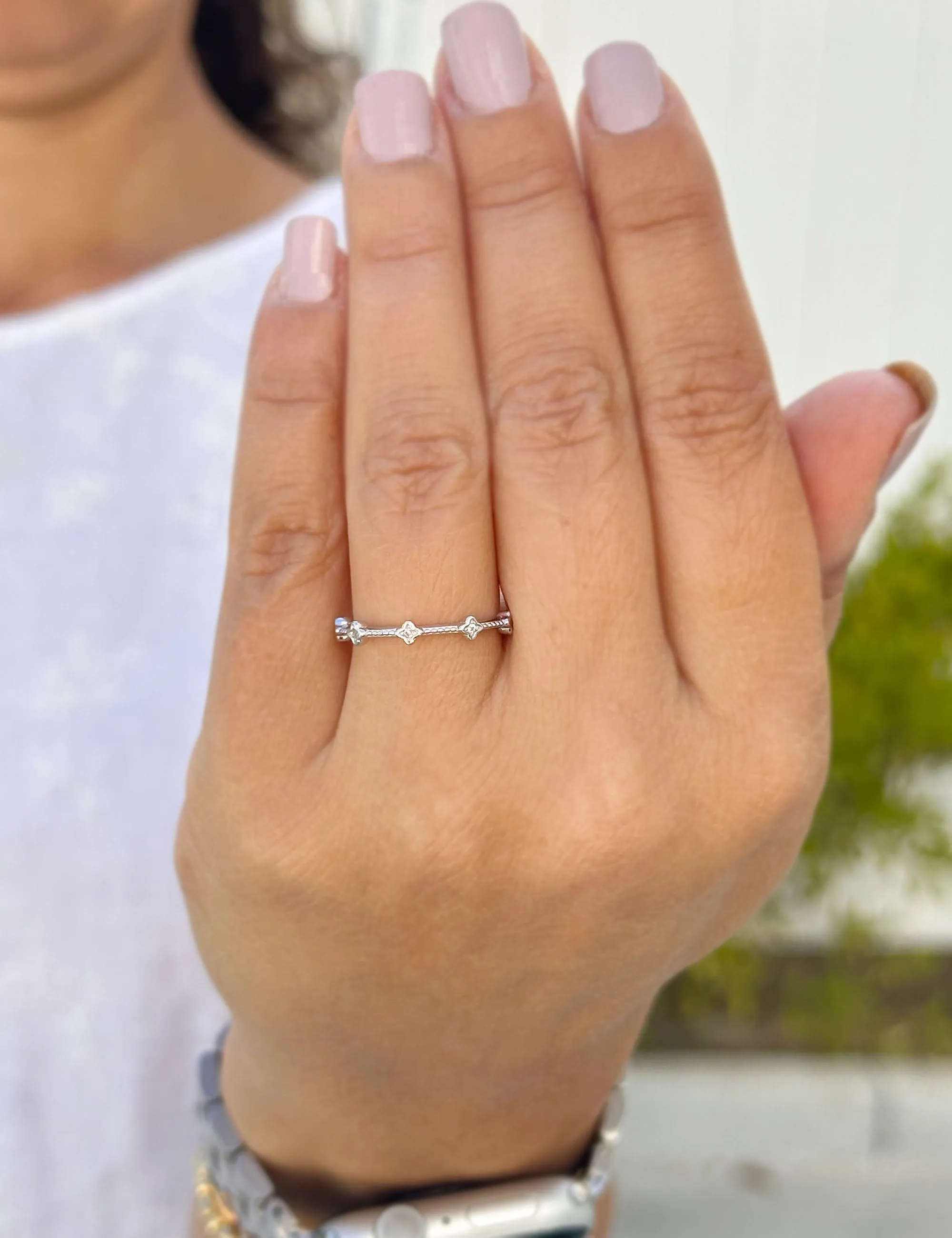 Round Cut Natural Diamond Band Minimalist Braided Style Stackable Band In 14k Solid White Gold Anniversary Bridal Band Gift For Her 0.05cw