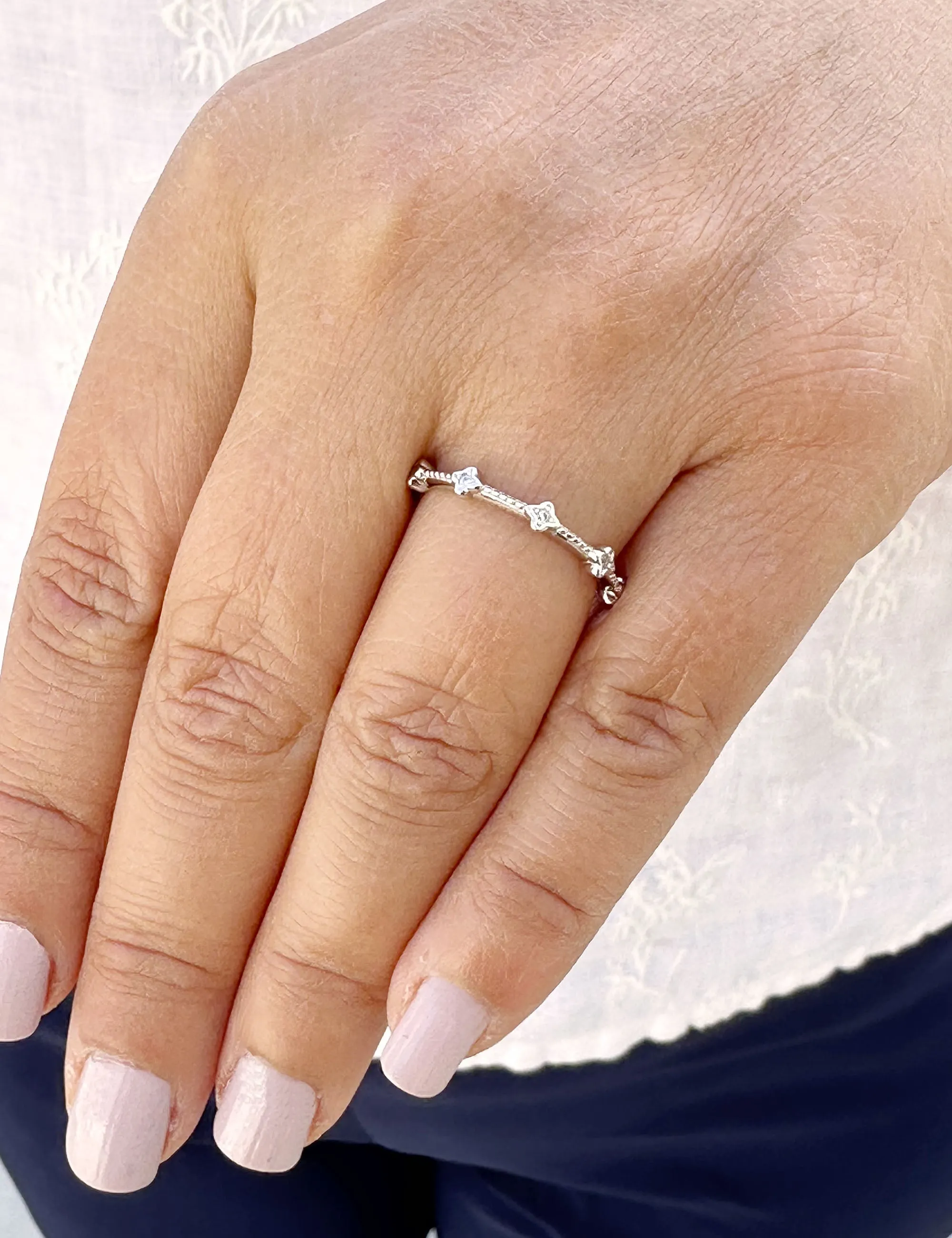 Round Cut Natural Diamond Band Minimalist Braided Style Stackable Band In 14k Solid White Gold Anniversary Bridal Band Gift For Her 0.05cw