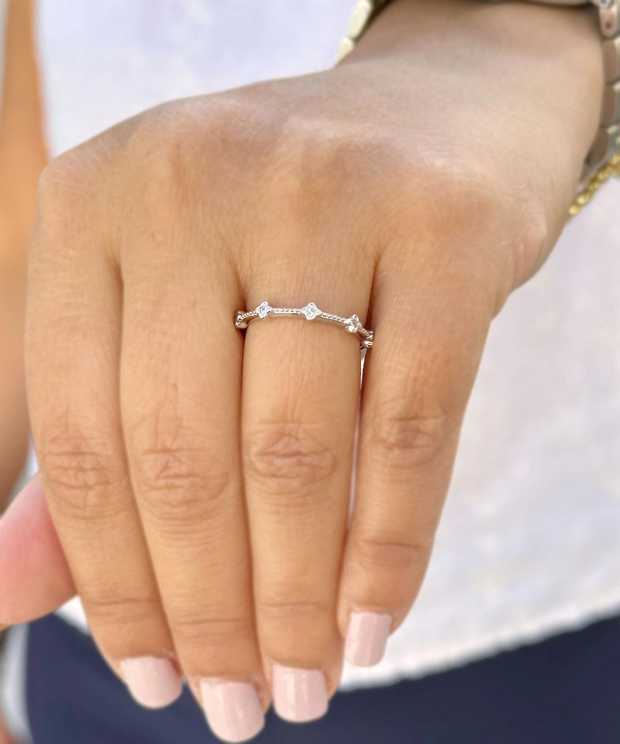 Round Cut Natural Diamond Band Minimalist Braided Style Stackable Band In 14k Solid White Gold Anniversary Bridal Band Gift For Her 0.05cw