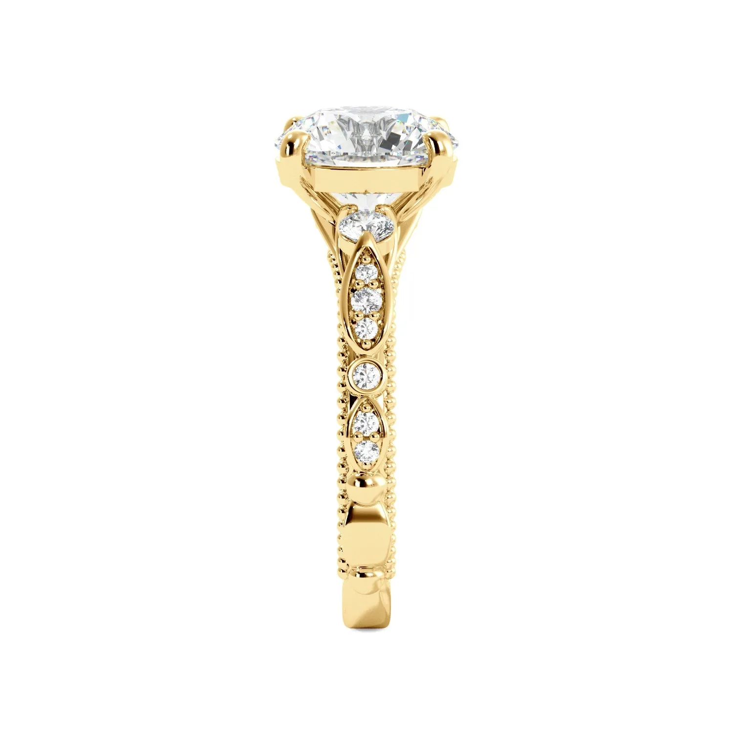 Round Fancy Floral Cathedral Engagement Ring