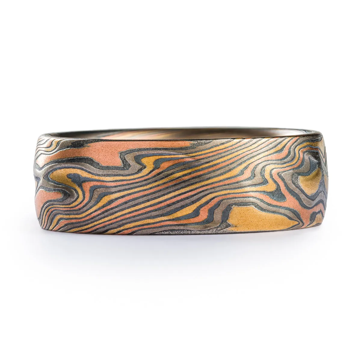 Rustic Mokume Gane Ring in Firestorm Palette and Twist Pattern with Kazaru