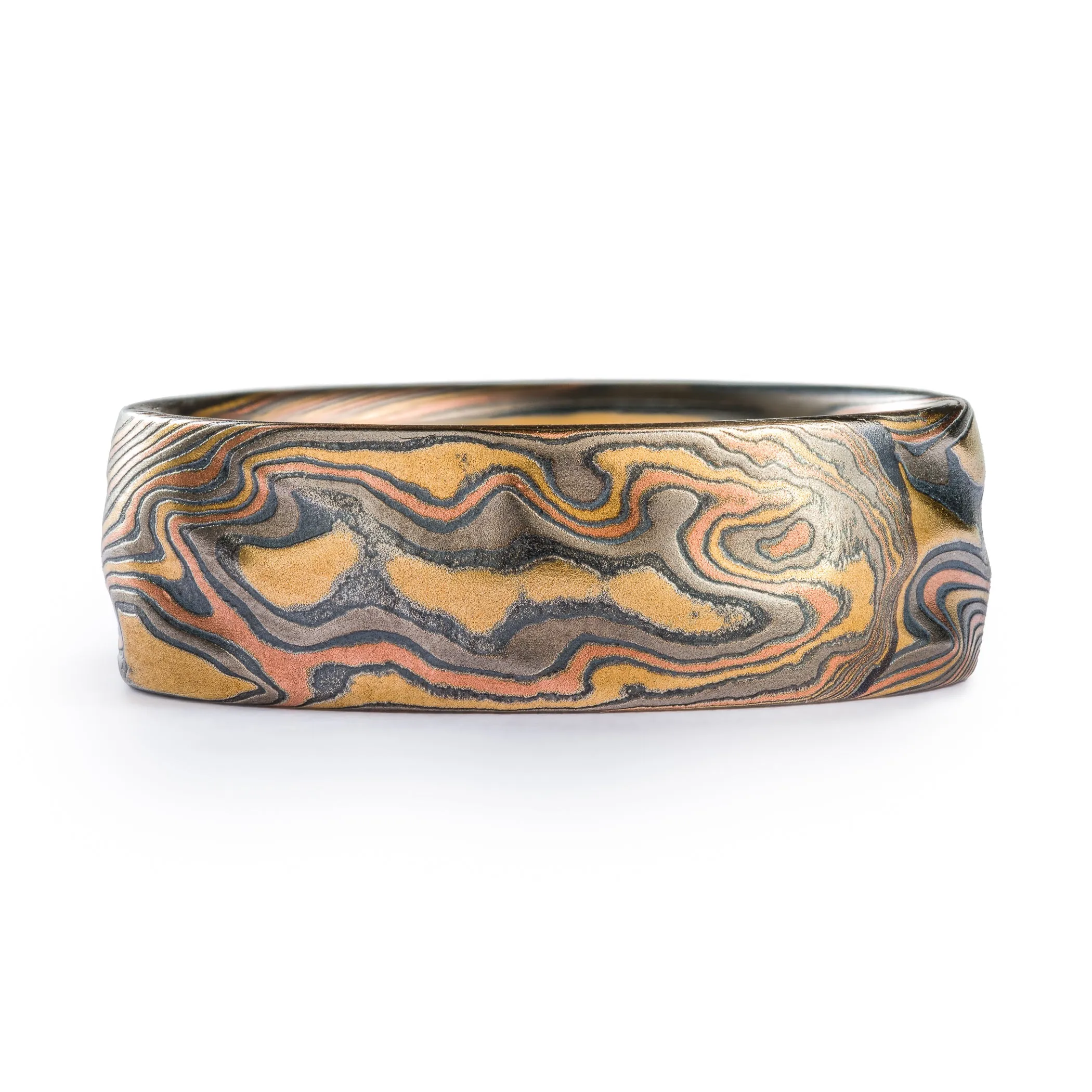 Rustic Mokume Gane Ring in Firestorm Palette and Twist Pattern with Kazaru