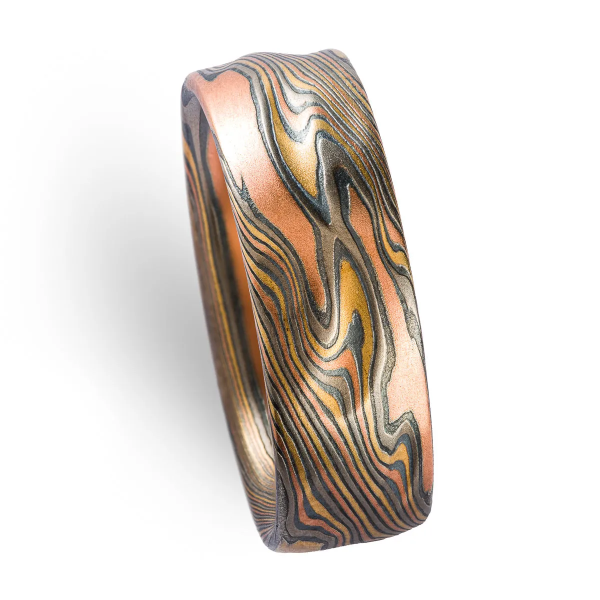 Rustic Mokume Gane Ring in Firestorm Palette and Twist Pattern with Kazaru