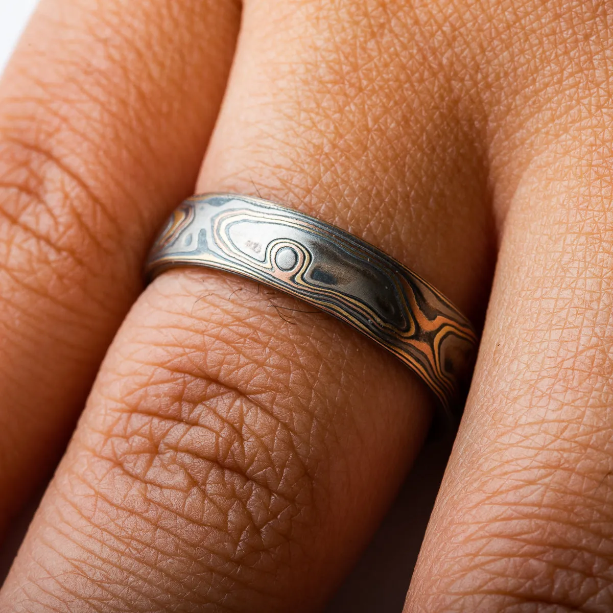 Rustic Mokume Gane Ring in Firestorm Palette and Woodgrain Pattern