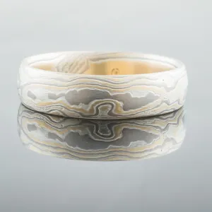 Rustic Mokume Gane Ring or Wedding Band in Flare Palette and Woodgrain Pattern with Lightly Etched Finish