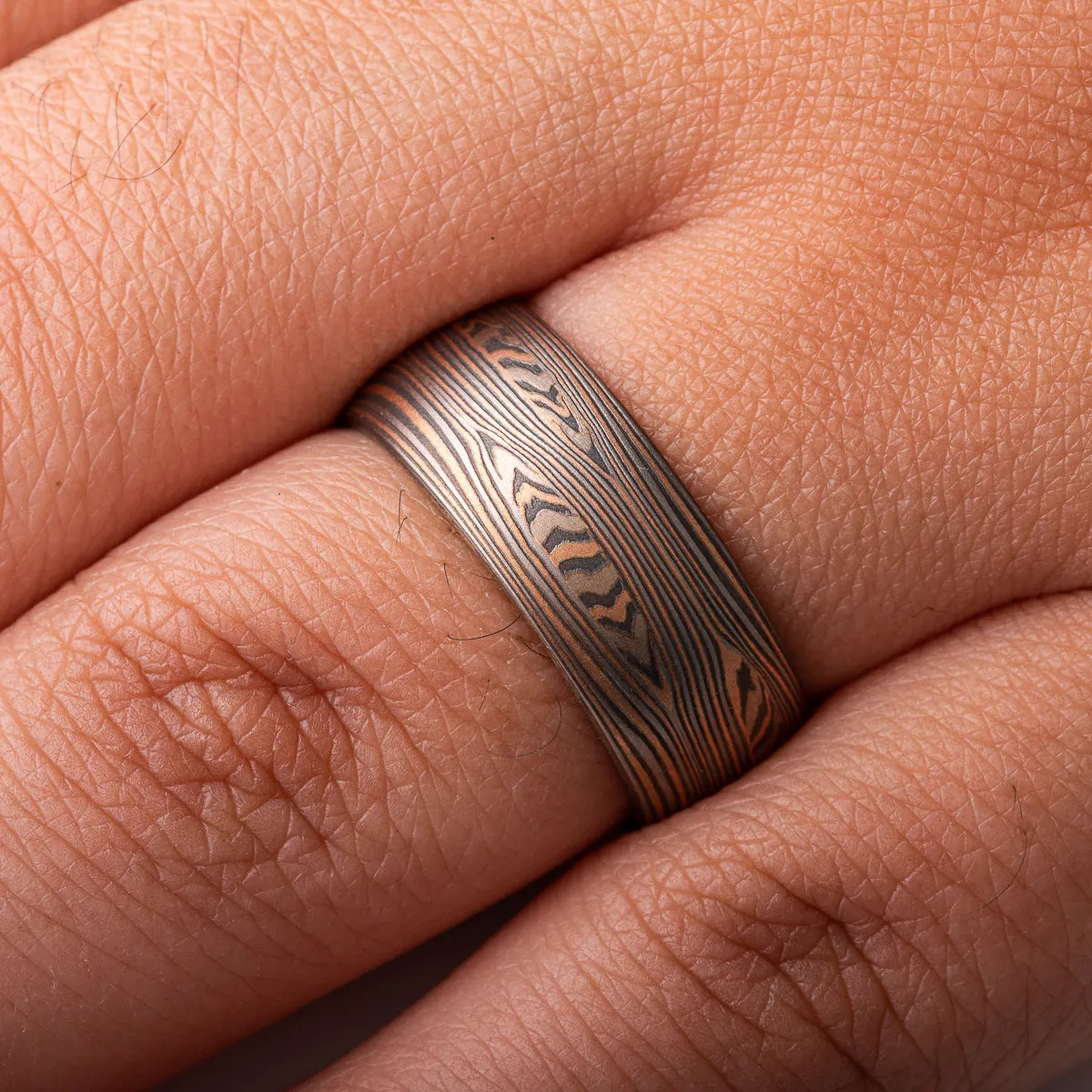 Rustic Mokume Gane Ring or Wedding Band in Flow Pattern with Mokume Knots and Embers Palette