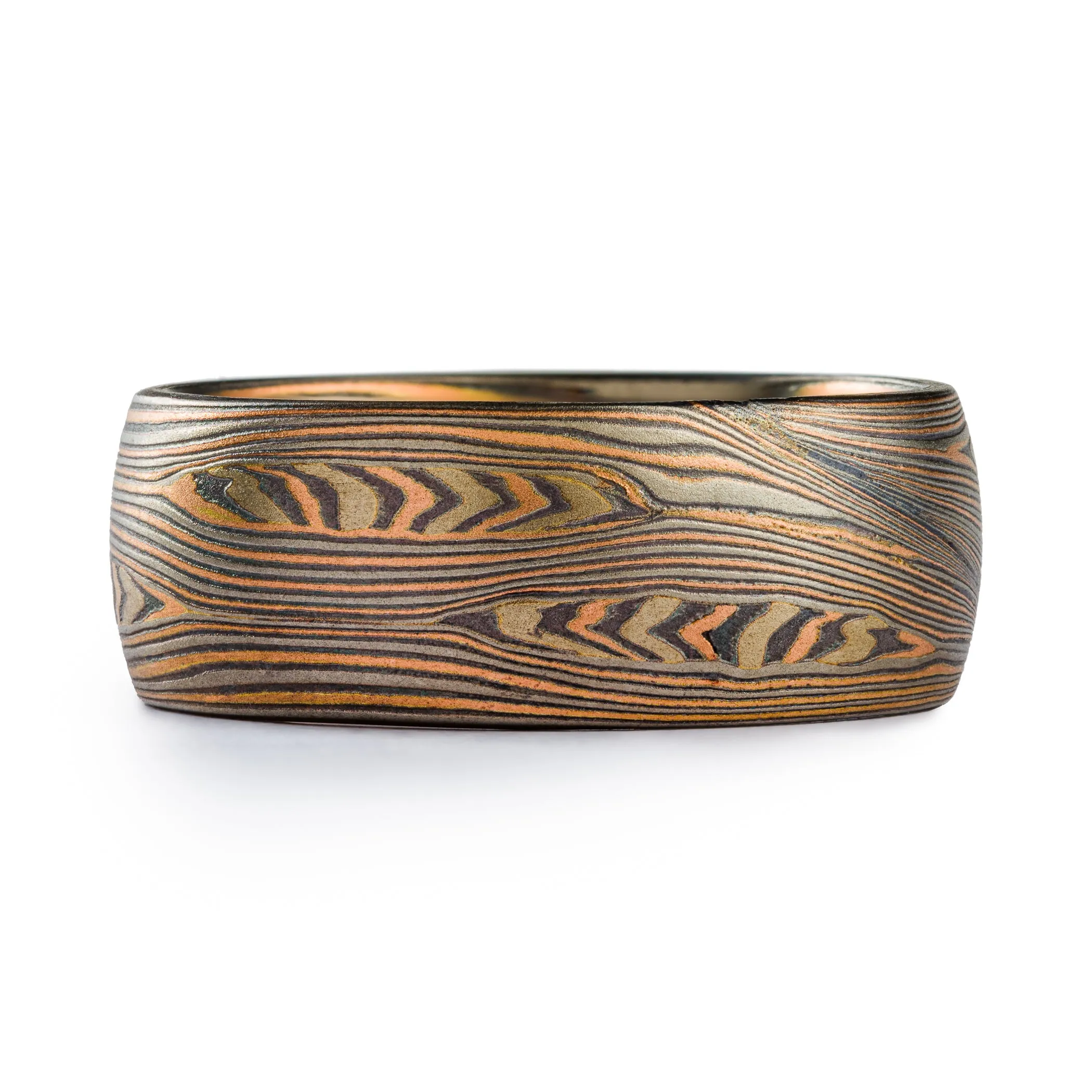 Rustic Mokume Gane Ring or Wedding Band in Flow Pattern with Mokume Knots and Embers Palette