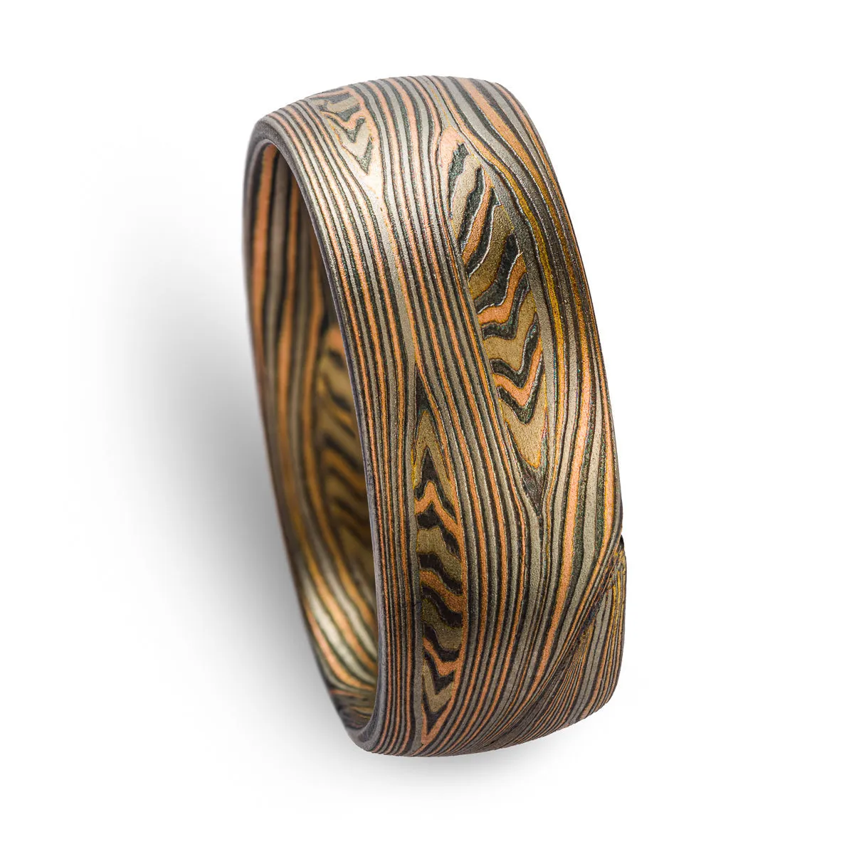Rustic Mokume Gane Ring or Wedding Band in Flow Pattern with Mokume Knots and Embers Palette