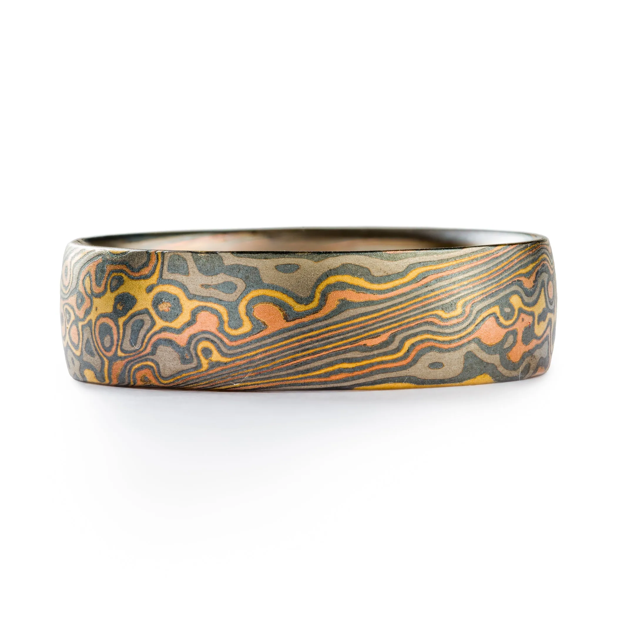 Rustic Mokume Gane Ring or Wedding Band in Twist/Droplet Pattern and Firestorm Palette