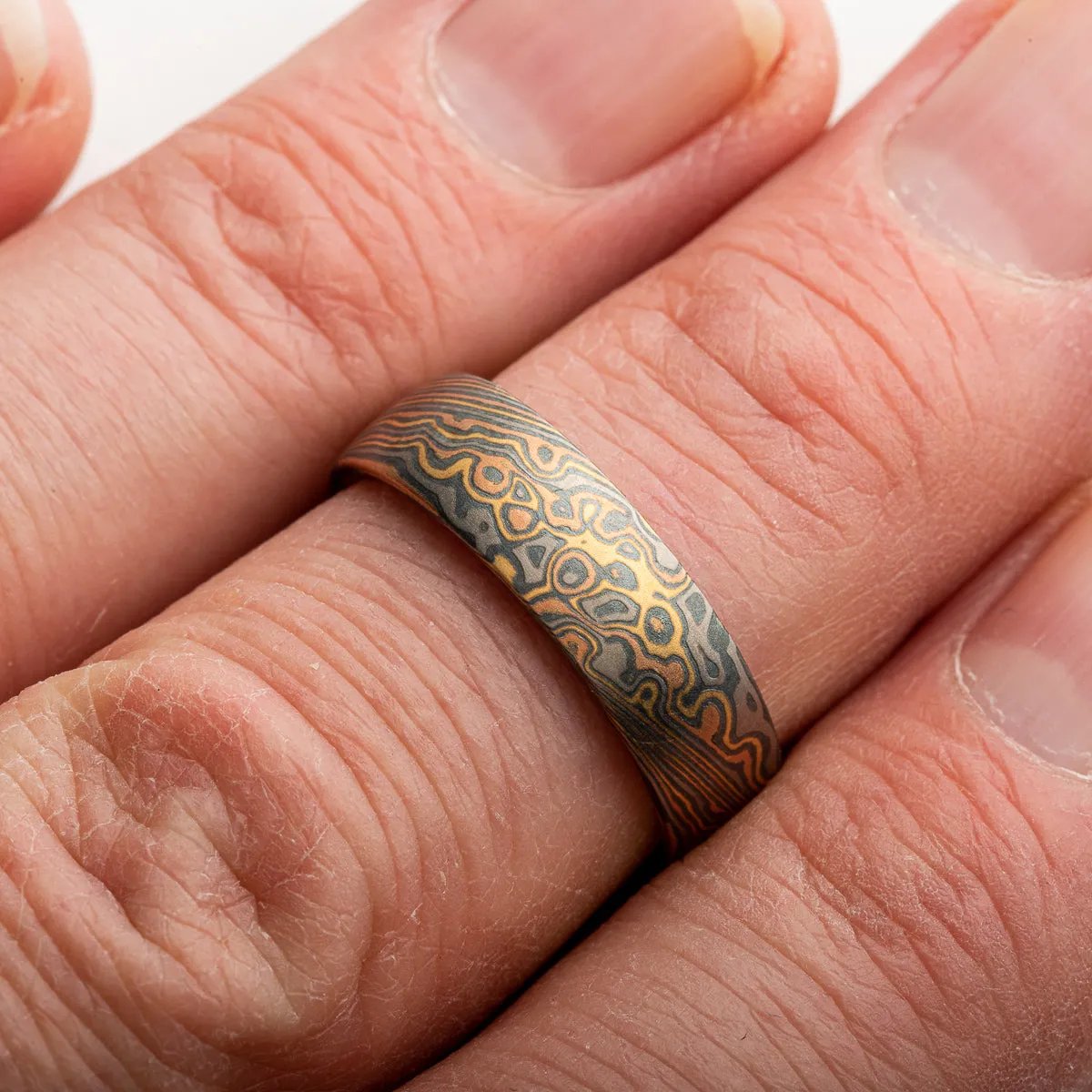 Rustic Mokume Gane Ring or Wedding Band in Twist/Droplet Pattern and Firestorm Palette