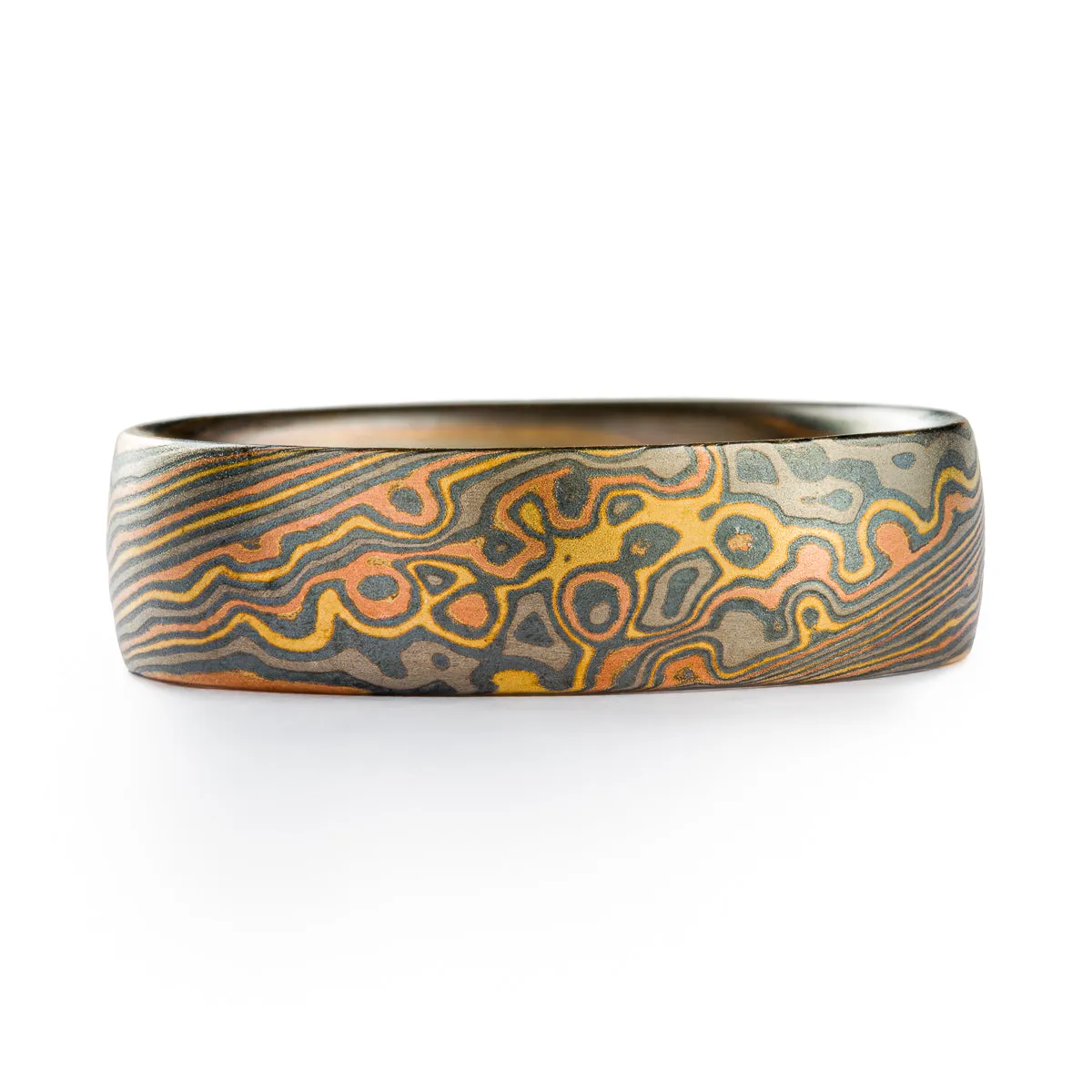 Rustic Mokume Gane Ring or Wedding Band in Twist/Droplet Pattern and Firestorm Palette