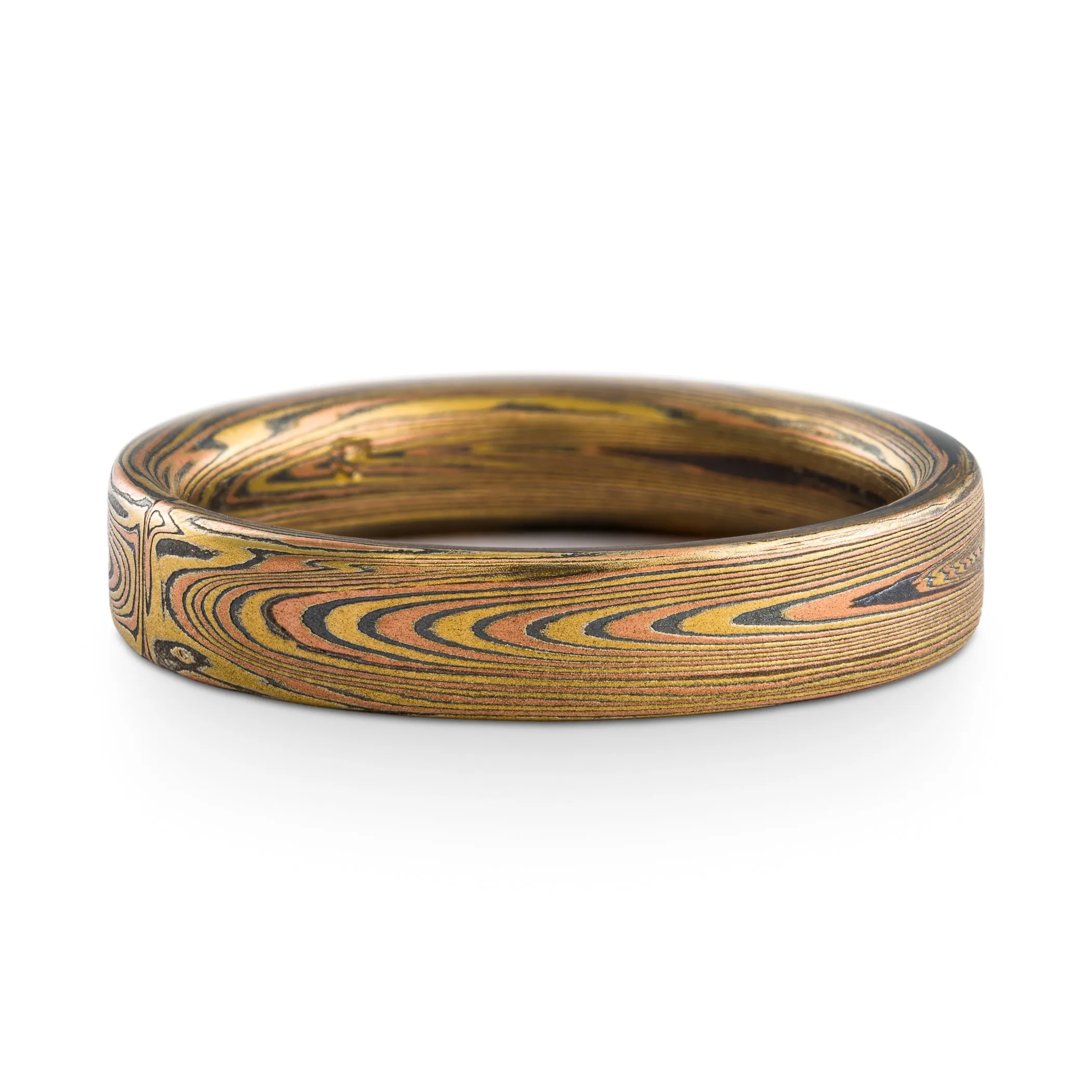 Rustic Mokume Gane Ring or Wedding Band in Vortex Pattern and Oxidized Fire Palette