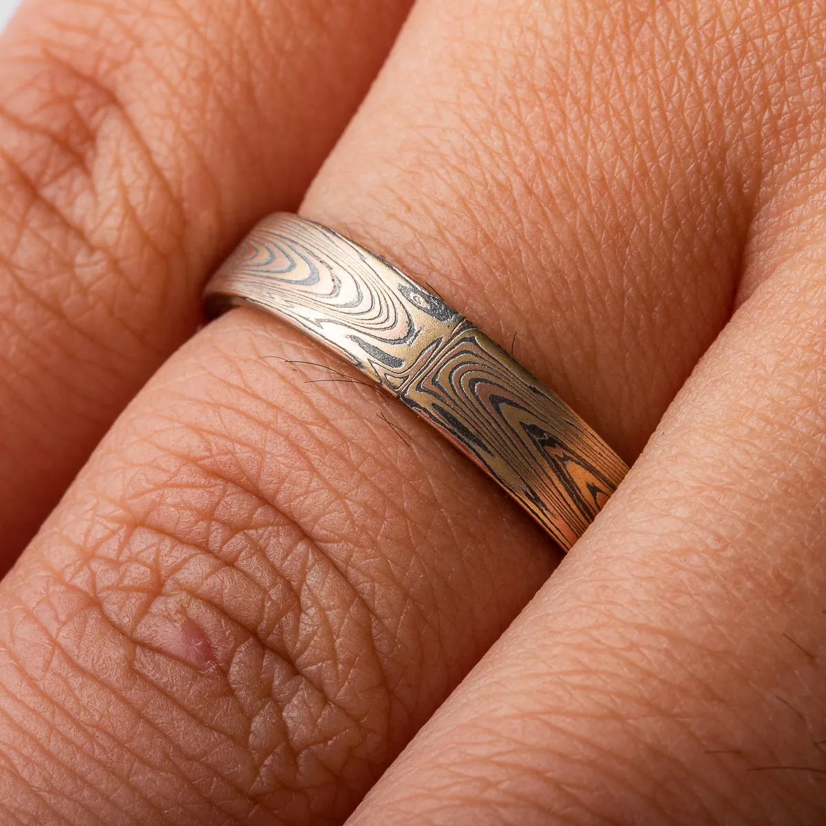 Rustic Mokume Gane Ring or Wedding Band in Vortex Pattern and Oxidized Fire Palette