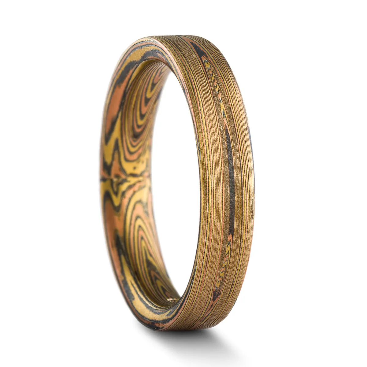Rustic Mokume Gane Ring or Wedding Band in Vortex Pattern and Oxidized Fire Palette