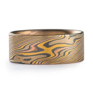 Rustic Mokume Gane Wedding Band or Ring in Twist Pattern and Custom Firestorm Palette