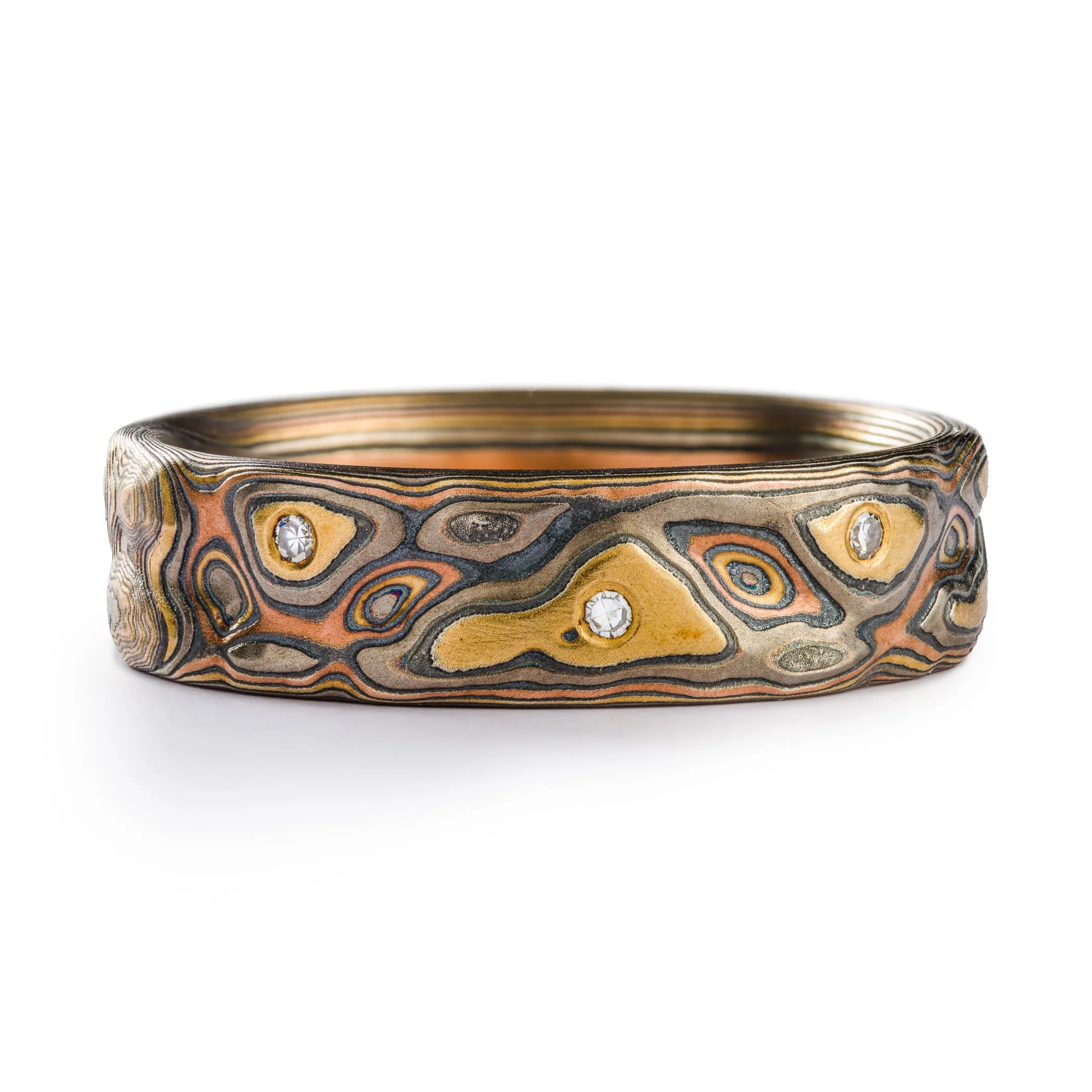 Rustic Mokume Ring or Wedding Band in Firestorm Palette and Guri Bori Pattern with Flush Set Diamonds