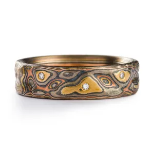Rustic Mokume Ring or Wedding Band in Firestorm Palette and Guri Bori Pattern with Flush Set Diamonds