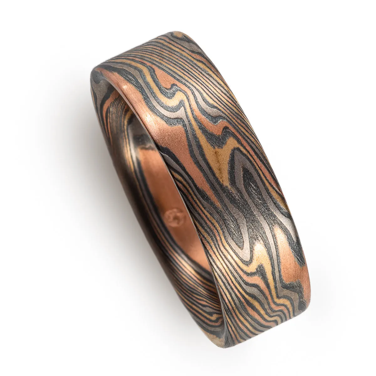 Rustic Mokume Twist Pattern Wedding Band in Firestorm Palette