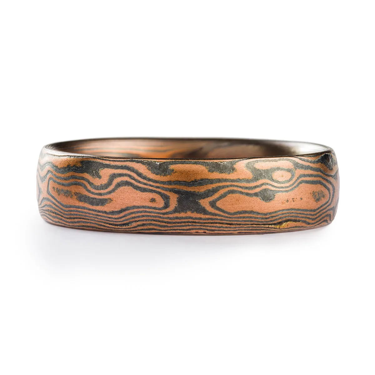 Rustic Red Gold Mokume Gane Wedding Band or Ring in  Woodgrain Pattern and Flame Palette