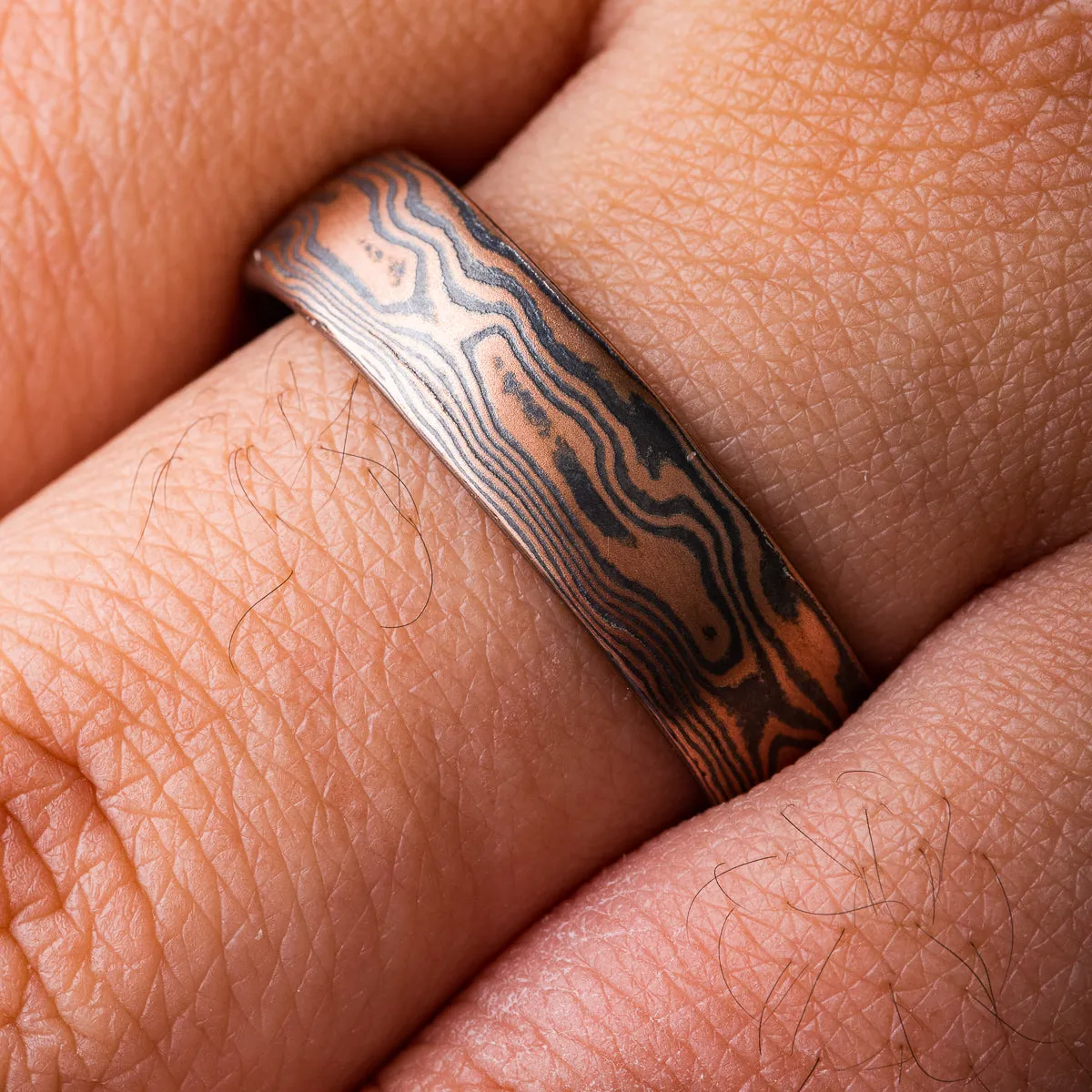 Rustic Red Gold Mokume Gane Wedding Band or Ring in  Woodgrain Pattern and Flame Palette