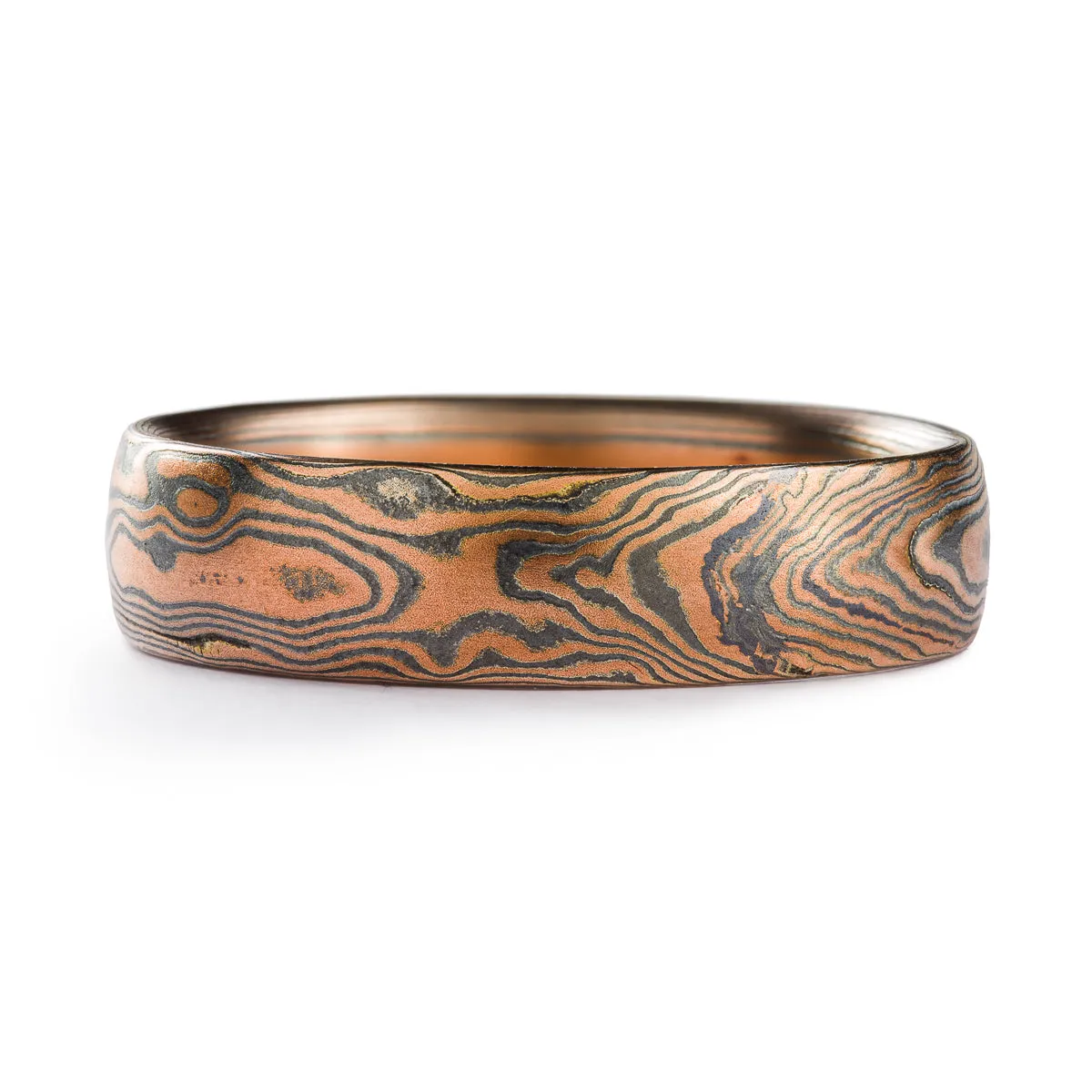 Rustic Red Gold Mokume Gane Wedding Band or Ring in  Woodgrain Pattern and Flame Palette