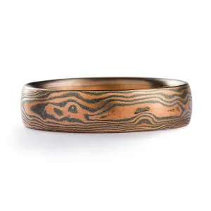 Rustic Red Gold Mokume Gane Wedding Band or Ring in  Woodgrain Pattern and Flame Palette