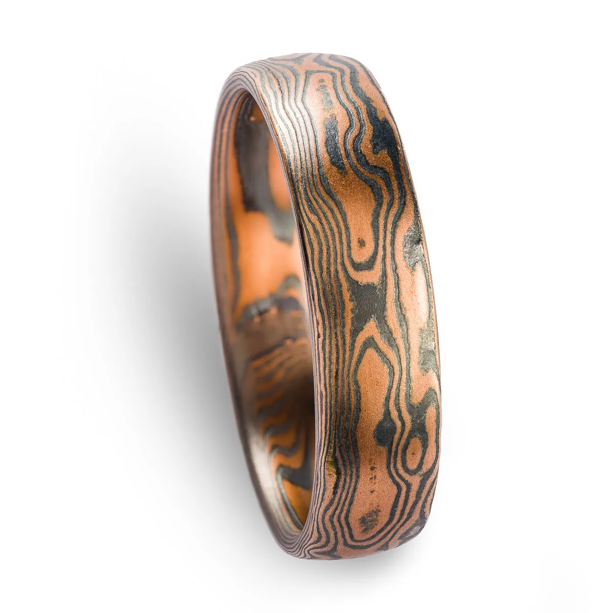 Rustic Red Gold Mokume Gane Wedding Band or Ring in  Woodgrain Pattern and Flame Palette